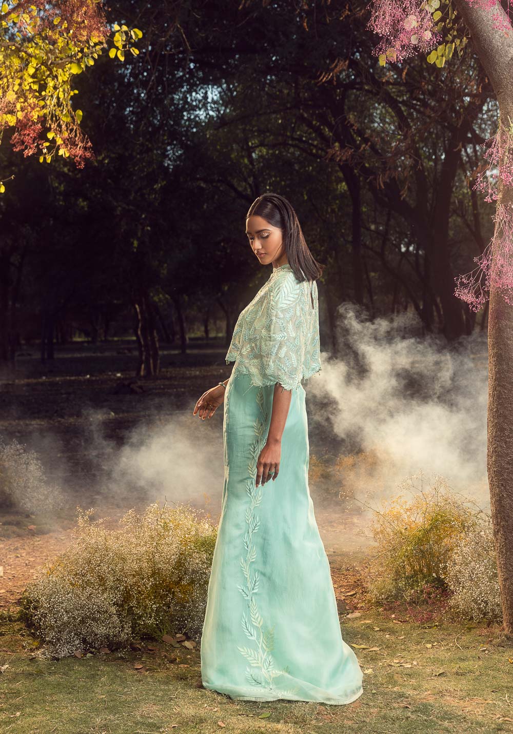 Aqua Blue Organza Skirt Set with Cape and Leaf Applique Bustier
