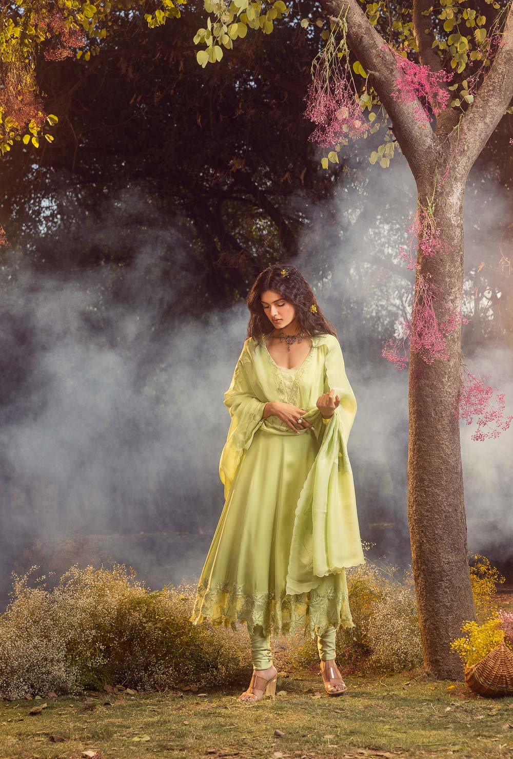 Soft Green Pure Georgette Anarkali Set with Structured Organza Dupatta