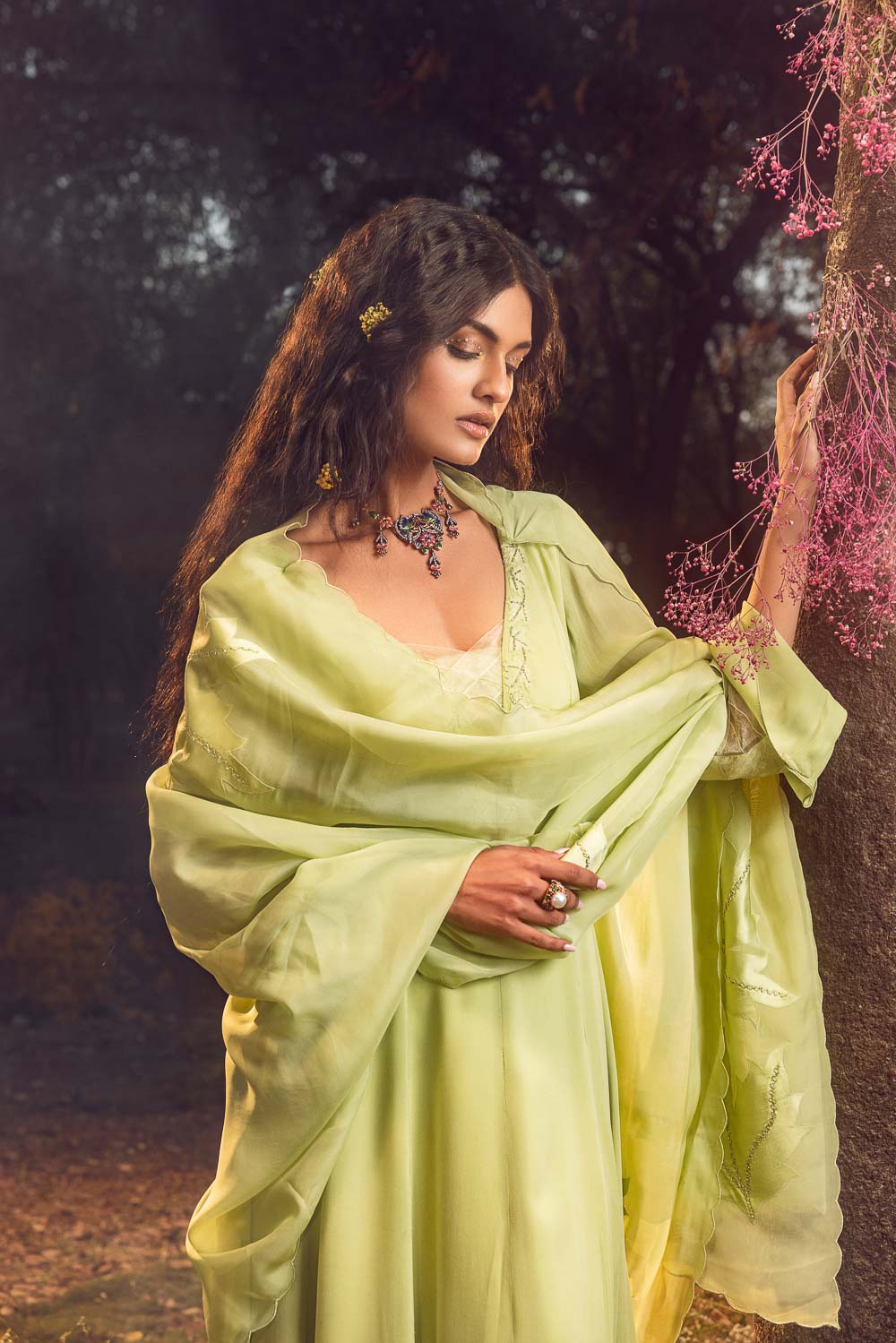 Soft Green Pure Georgette Anarkali Set with Structured Organza Dupatta