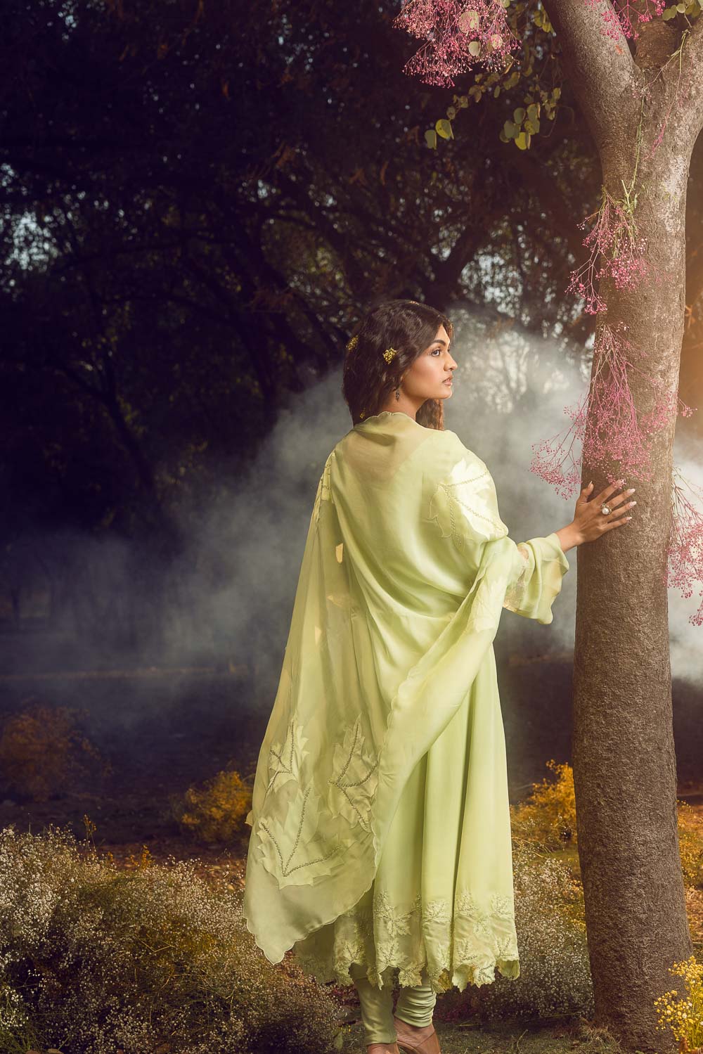 Soft Green Pure Georgette Anarkali Set with Structured Organza Dupatta