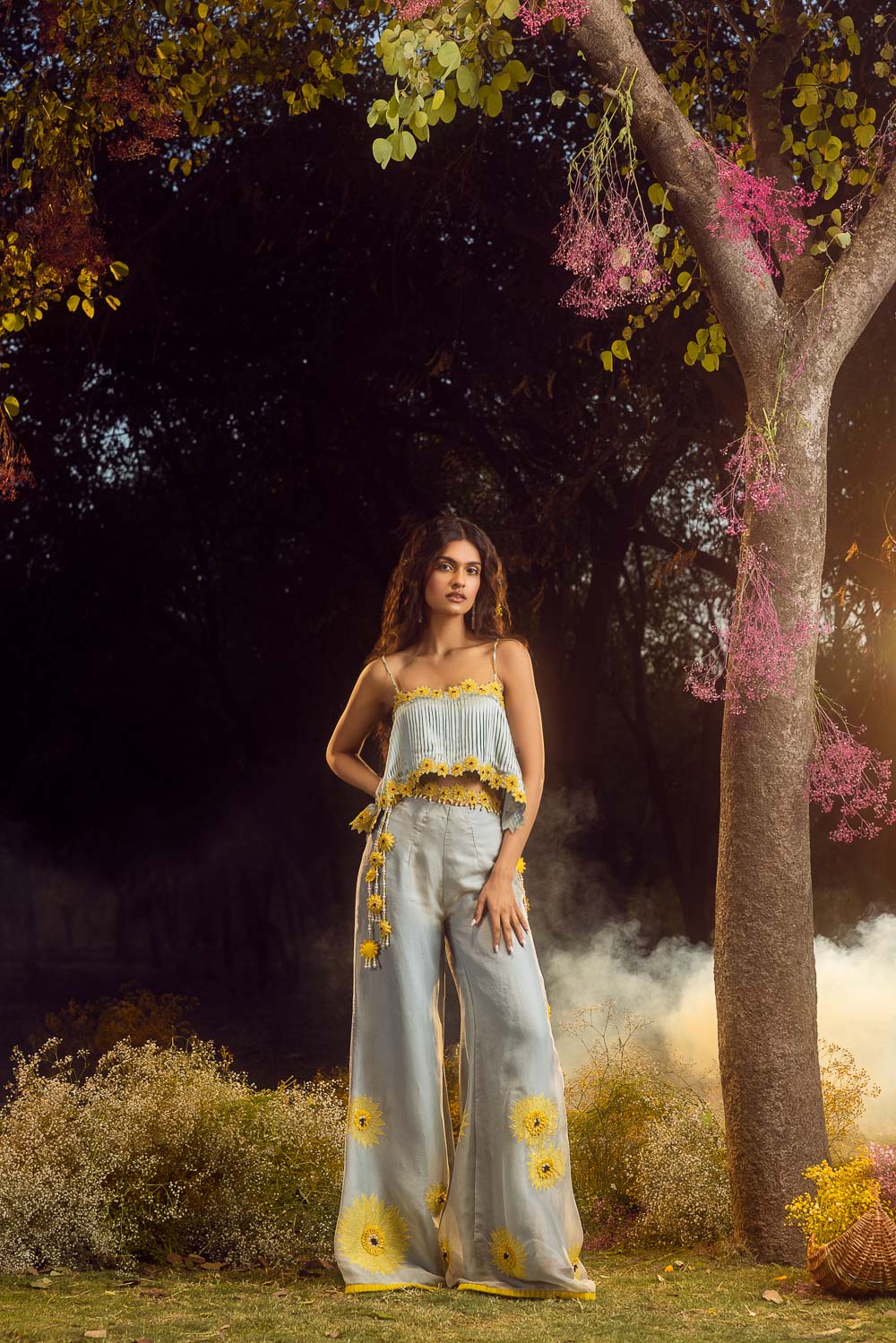 Blue Grey Organza Palazzo Set with Pleated Satin Crop Top