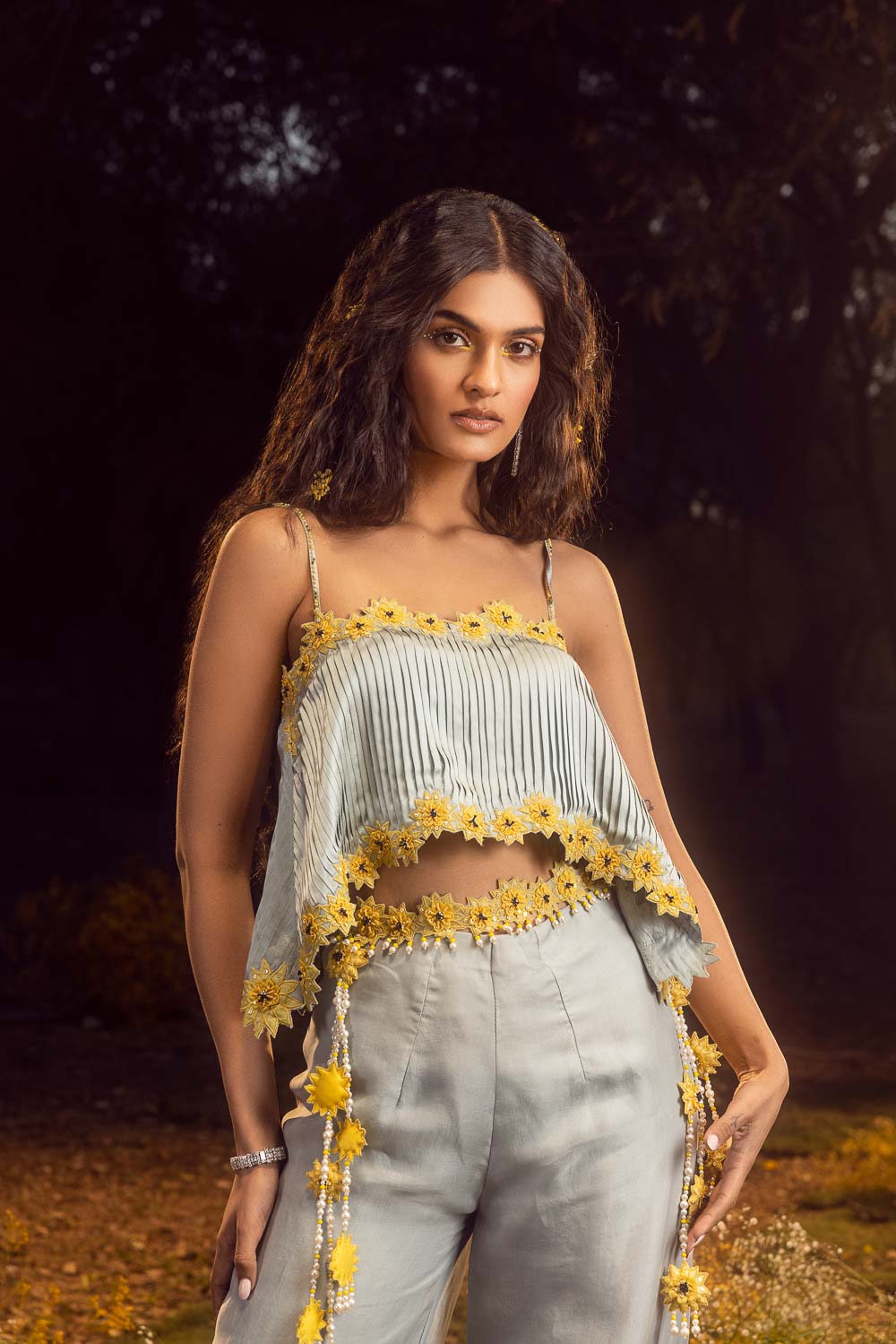 Blue Grey Organza Palazzo Set with Pleated Satin Crop Top