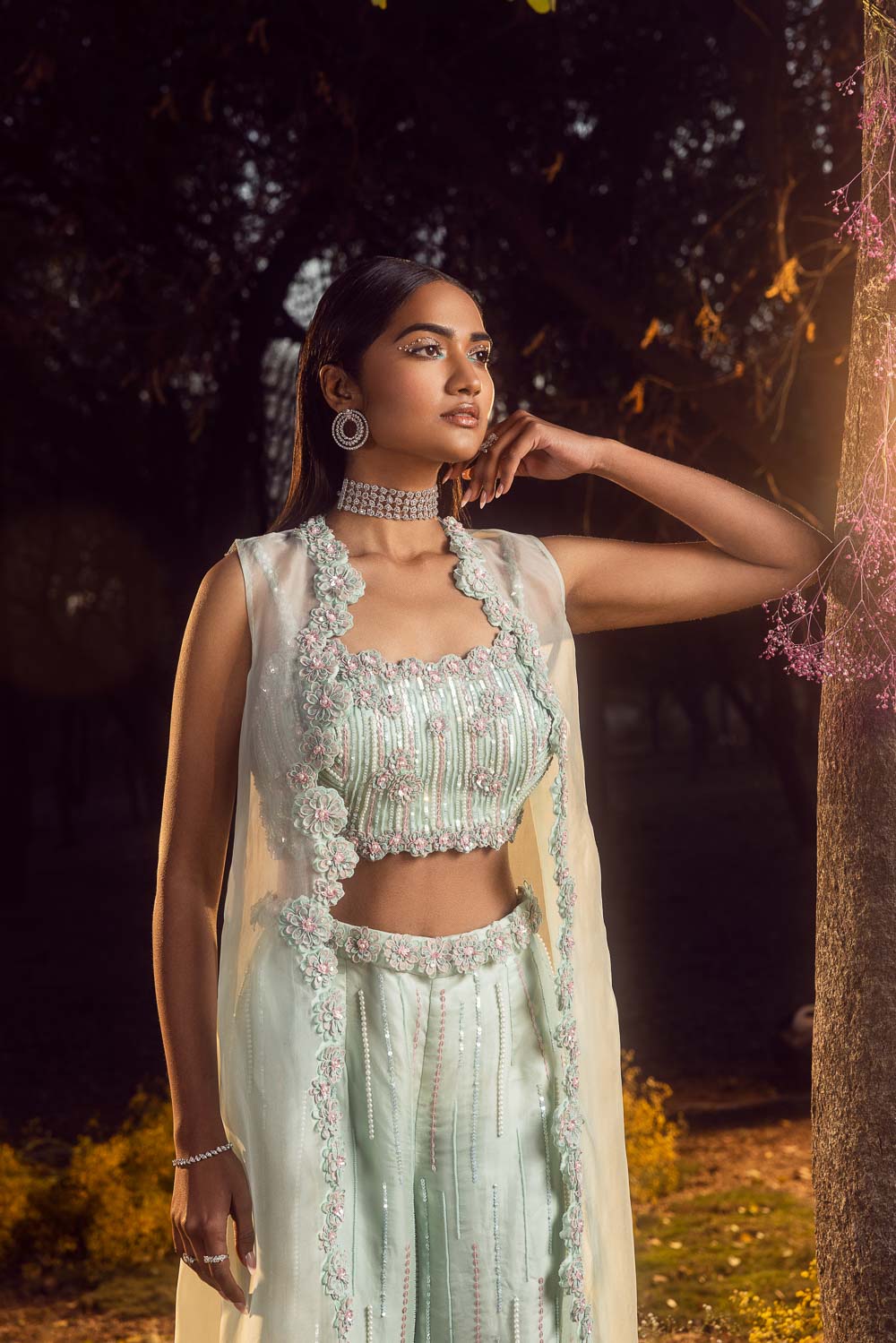 Mint Green Organza Trouser Set with Pleated Top & Jacket