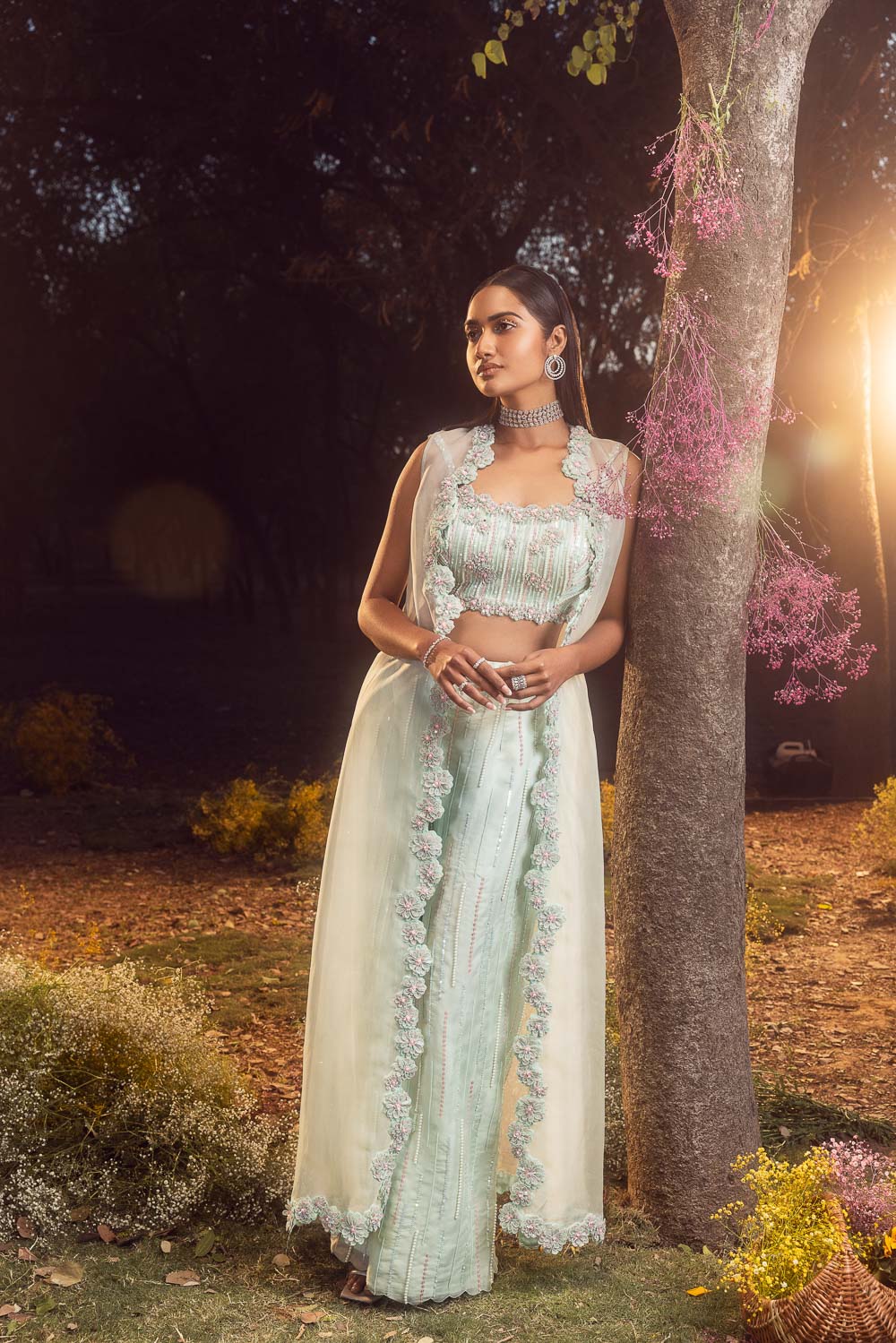 Mint Green Organza Trouser Set with Pleated Top & Jacket