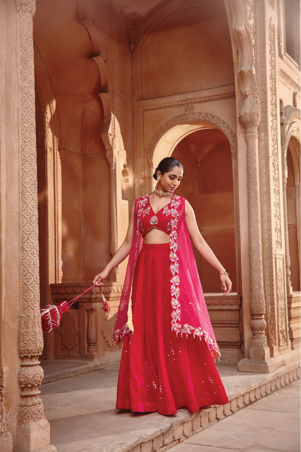 Noora Rani Pink Embroidered Velvet Cape and Organza Sharara Set