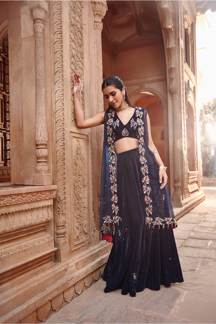 Noora Navy Blue Embroidered Velvet Cape & Sharara Set