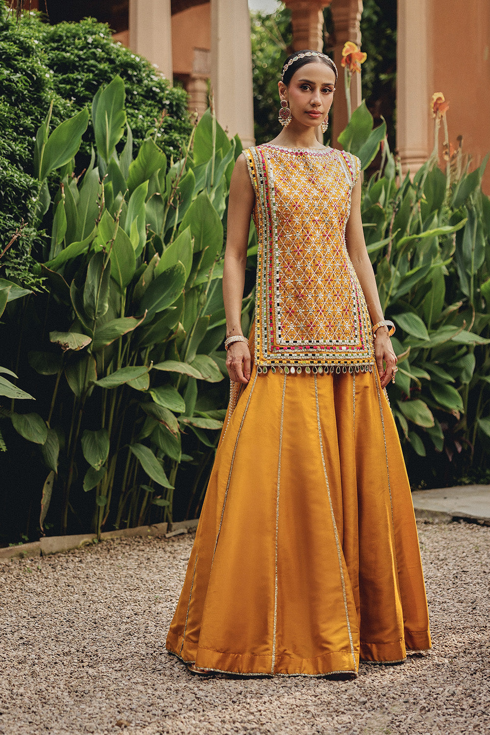 Noorvi Mustard Silk Blend Mirror Work Skirt Set for Festive Elegance