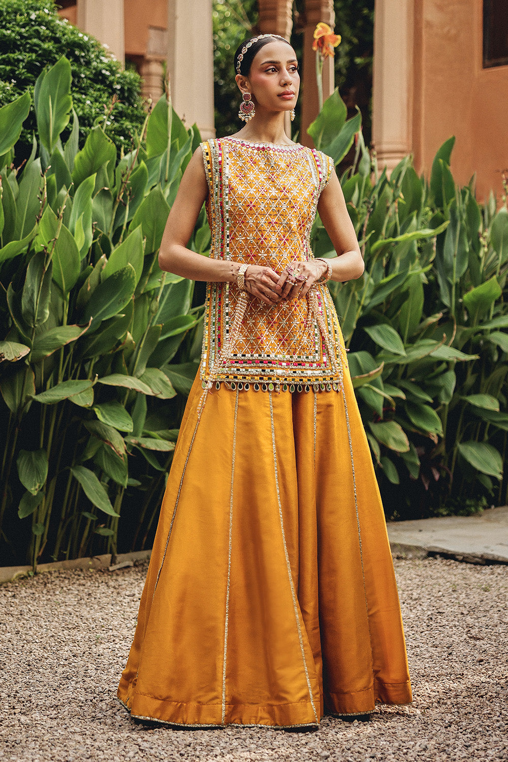 Noorvi Mustard Silk Blend Mirror Work Skirt Set for Festive Elegance