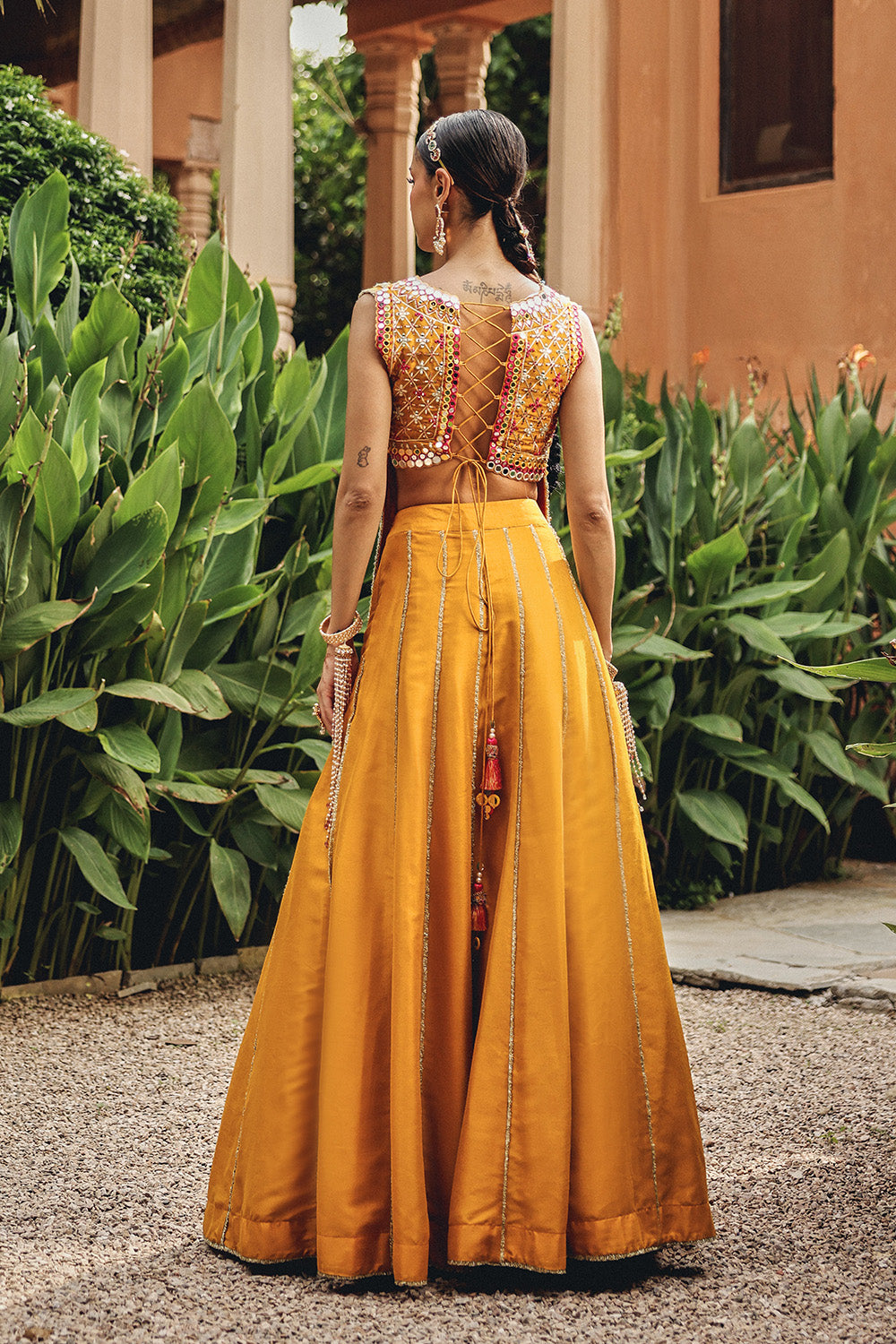 Noorvi Mustard Silk Blend Mirror Work Skirt Set for Festive Elegance