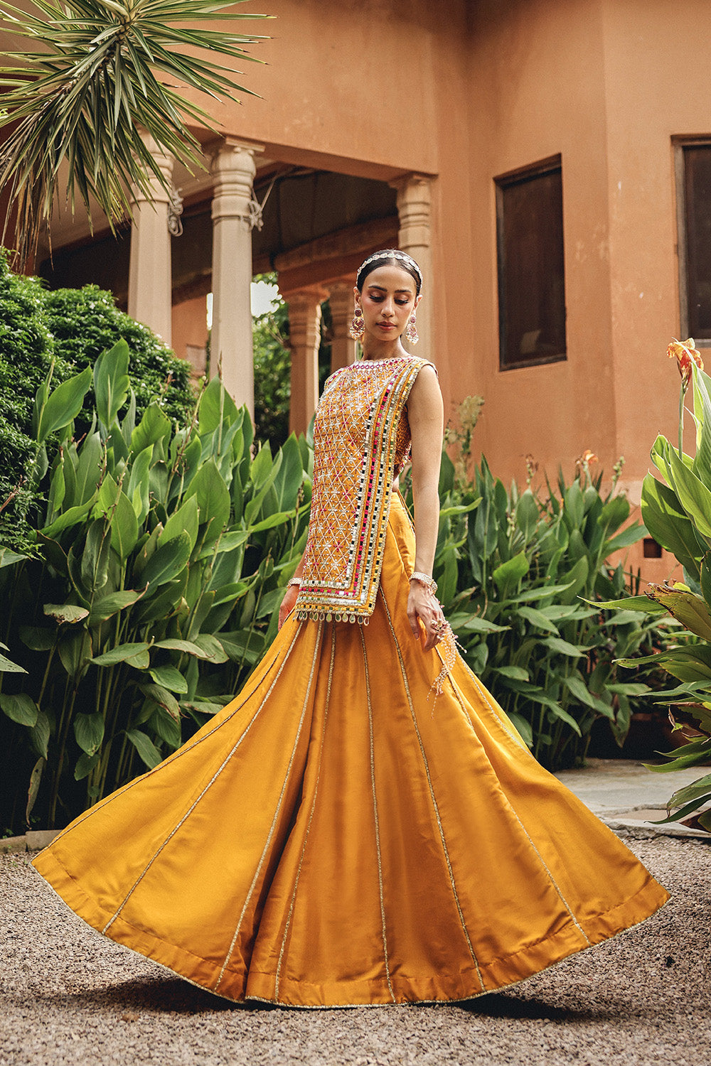 Noorvi Mustard Silk Blend Mirror Work Skirt Set for Festive Elegance