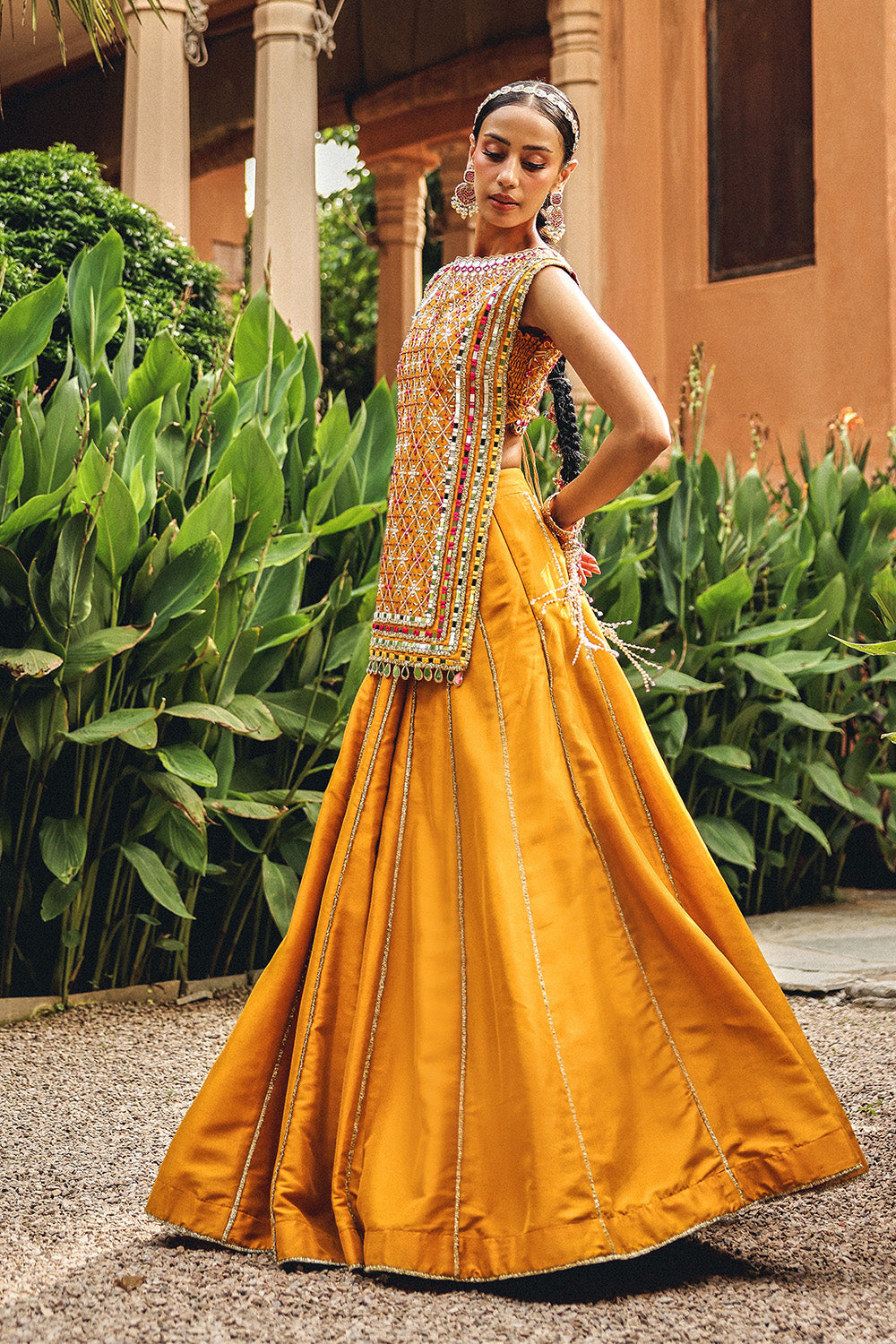 Noorvi Mustard Silk Blend Mirror Work Skirt Set for Festive Elegance