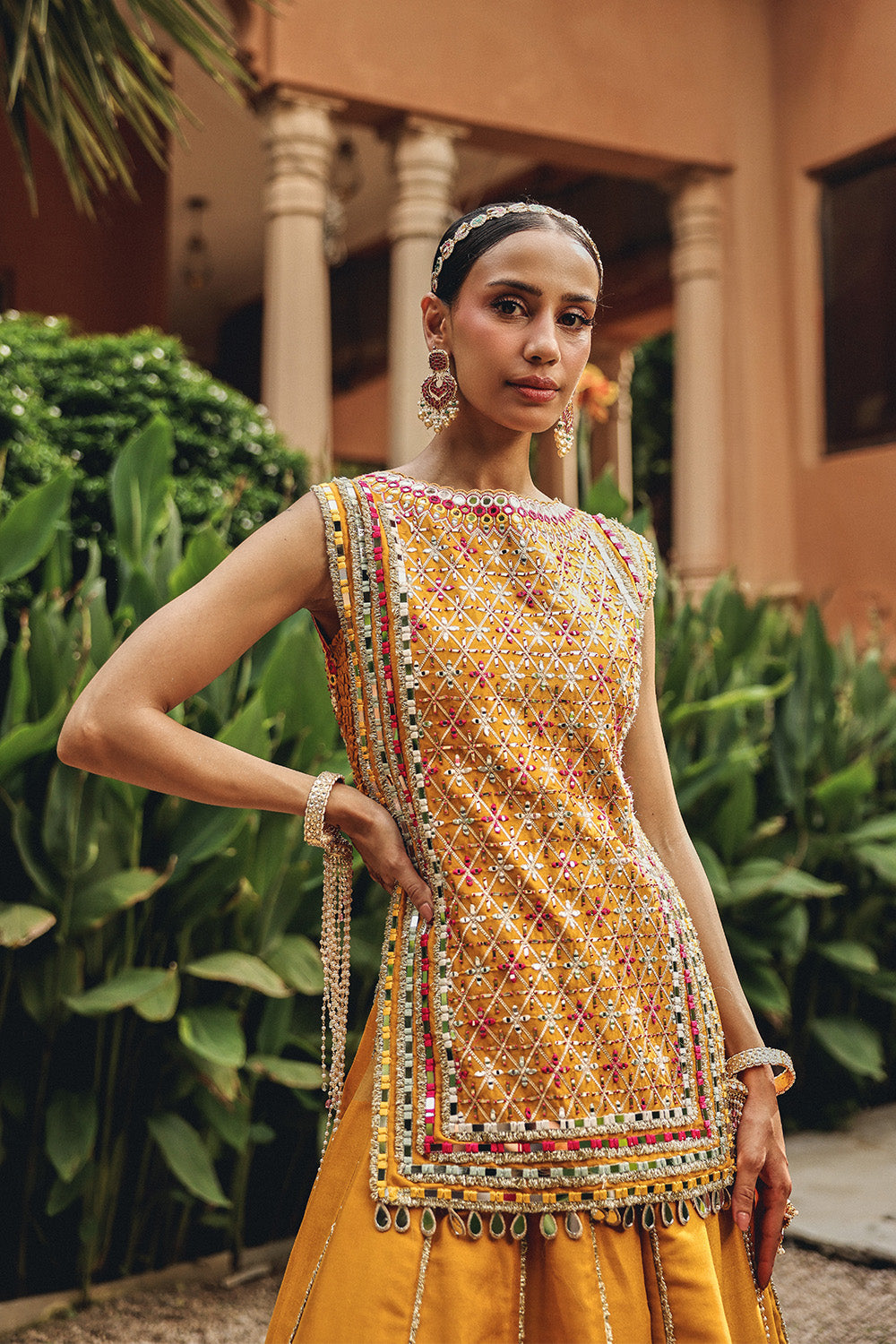 Noorvi Mustard Silk Blend Mirror Work Skirt Set for Festive Elegance