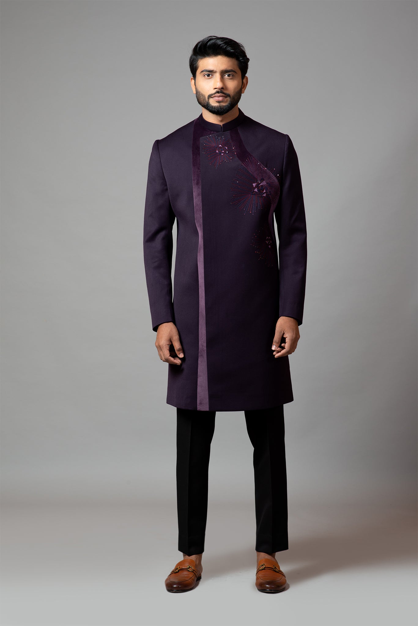 Achkan with Velvet Detailing and Rose Embroidery Set