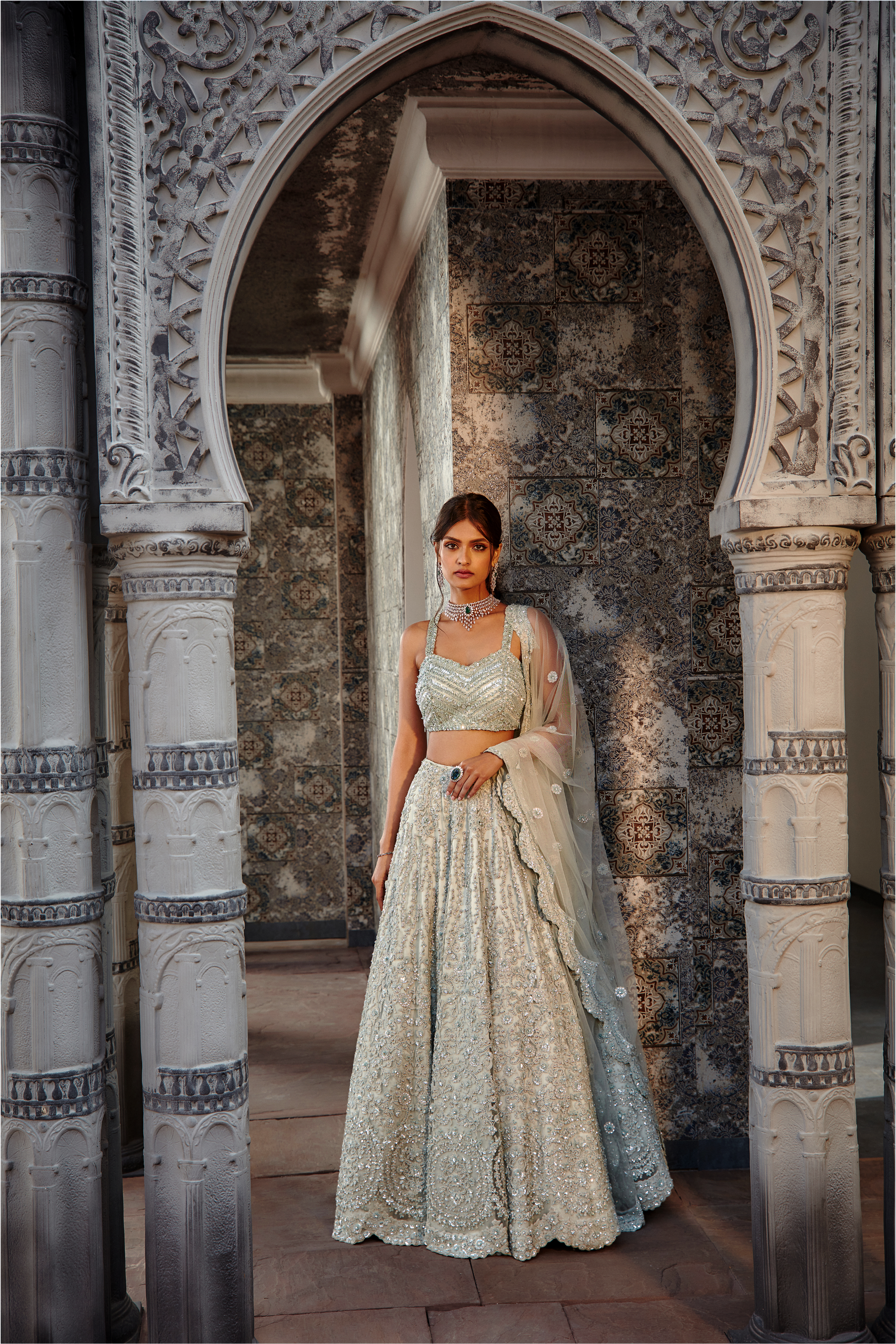 Sage Green Net Ari Lehenga Set with Halter Choli - Bridal Wear