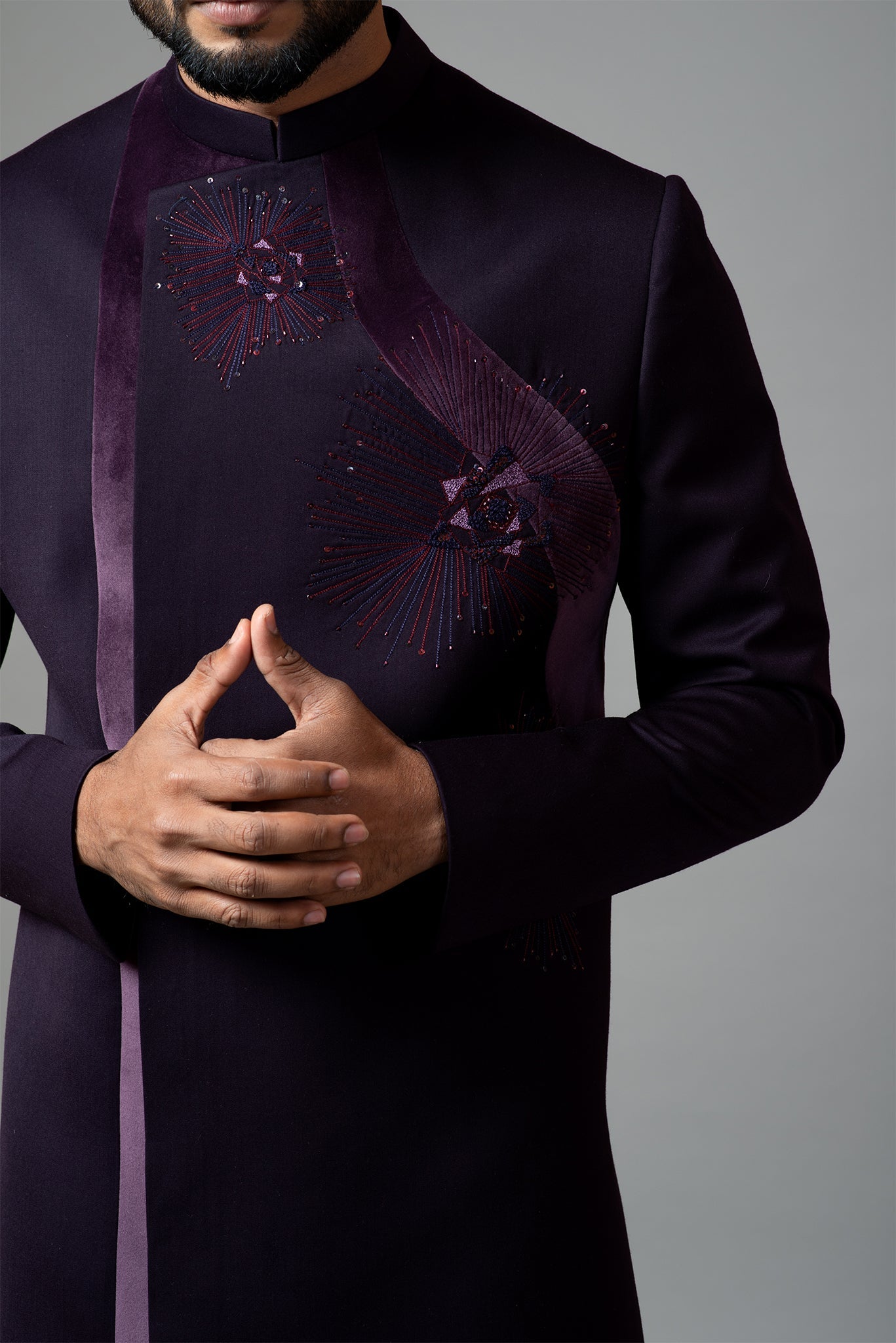Achkan with Velvet Detailing and Rose Embroidery Set