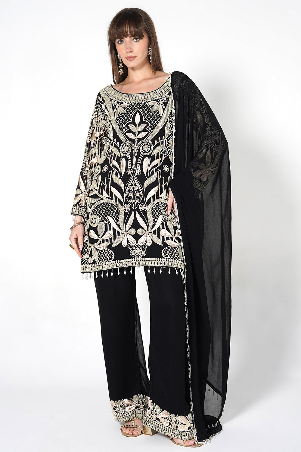 Ornate Floral Black Kurta Set in Flowy Georgette | Festive Wear