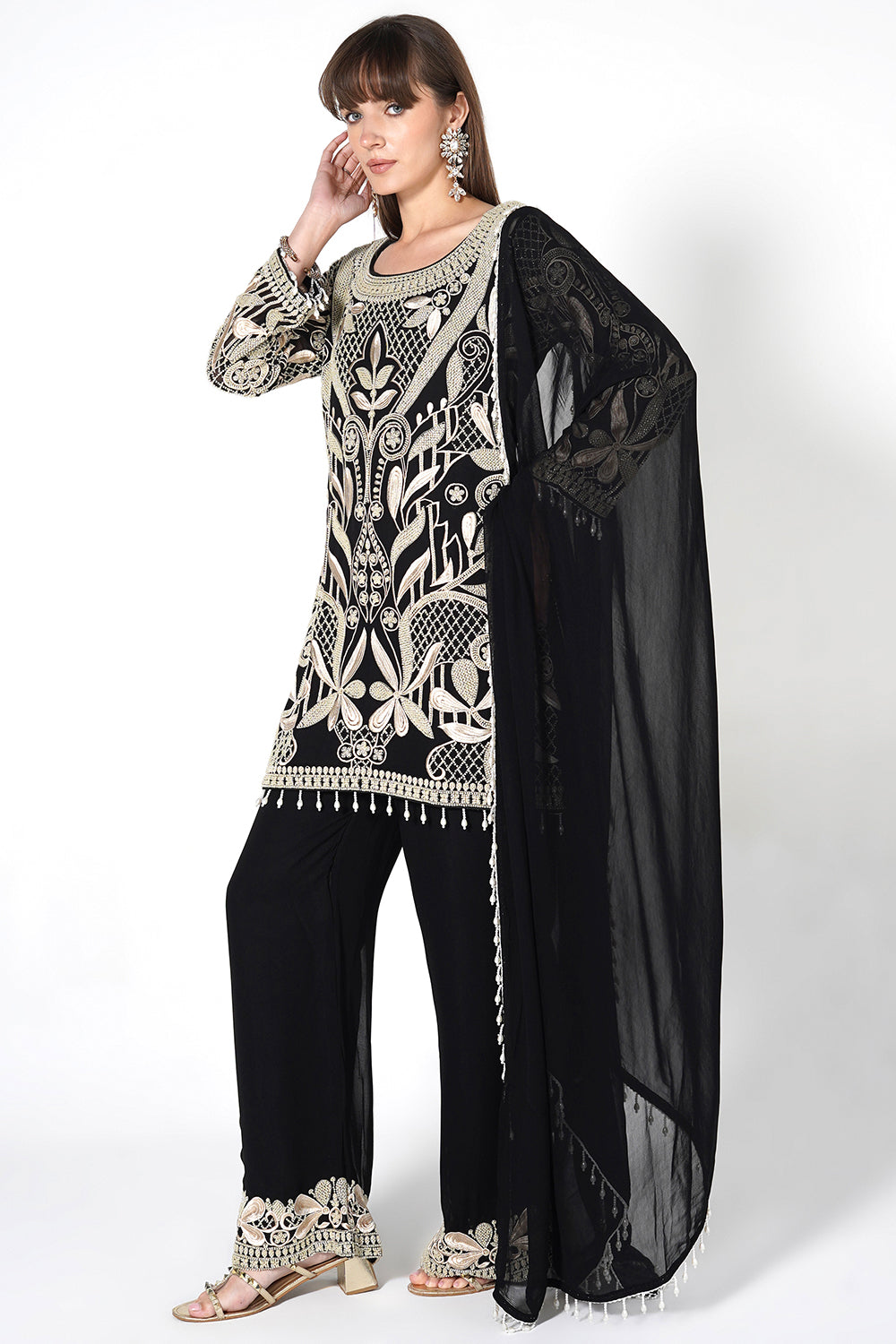 Ornate Floral Black Kurta Set in Flowy Georgette | Festive Wear