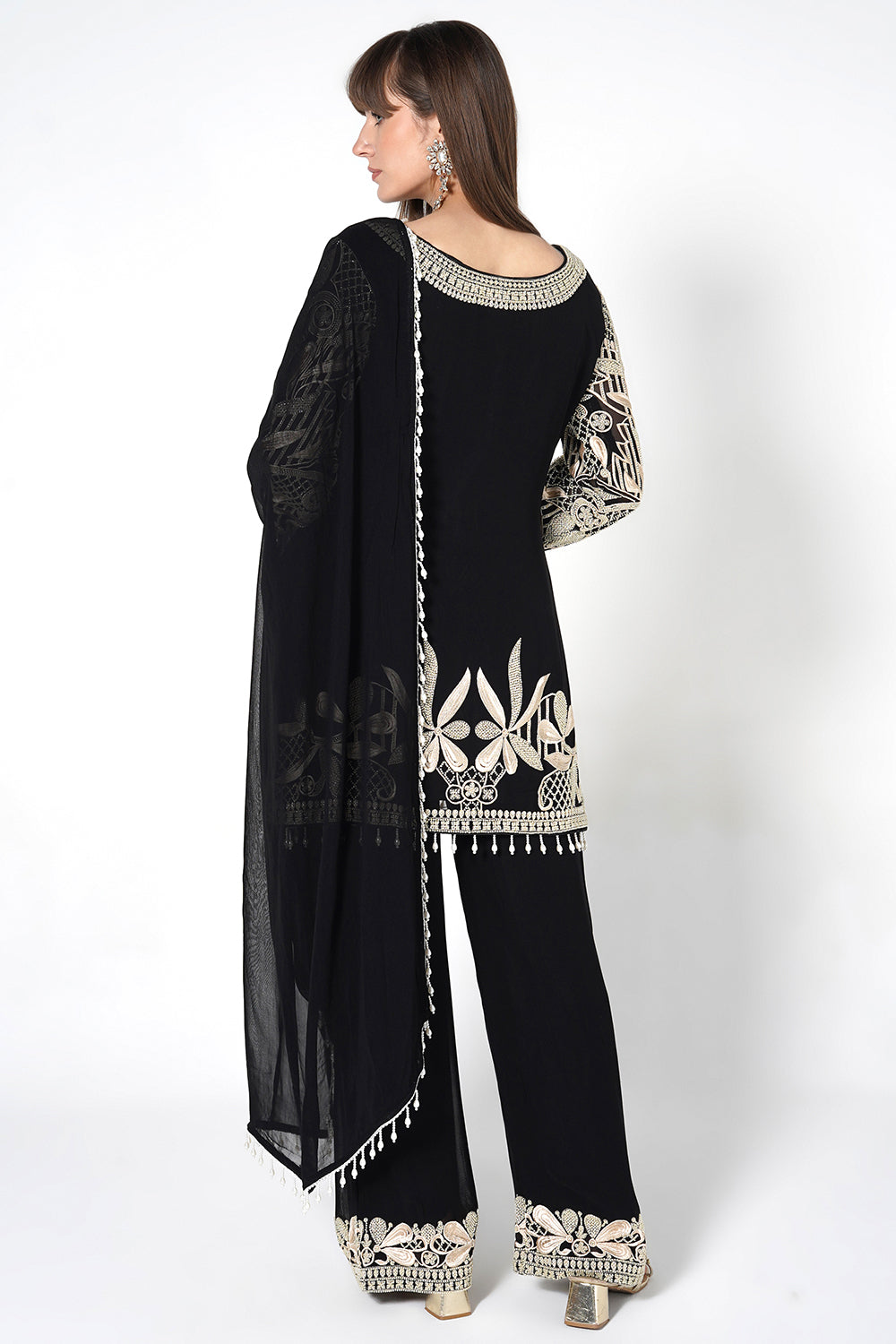 Ornate Floral Black Kurta Set in Flowy Georgette | Festive Wear