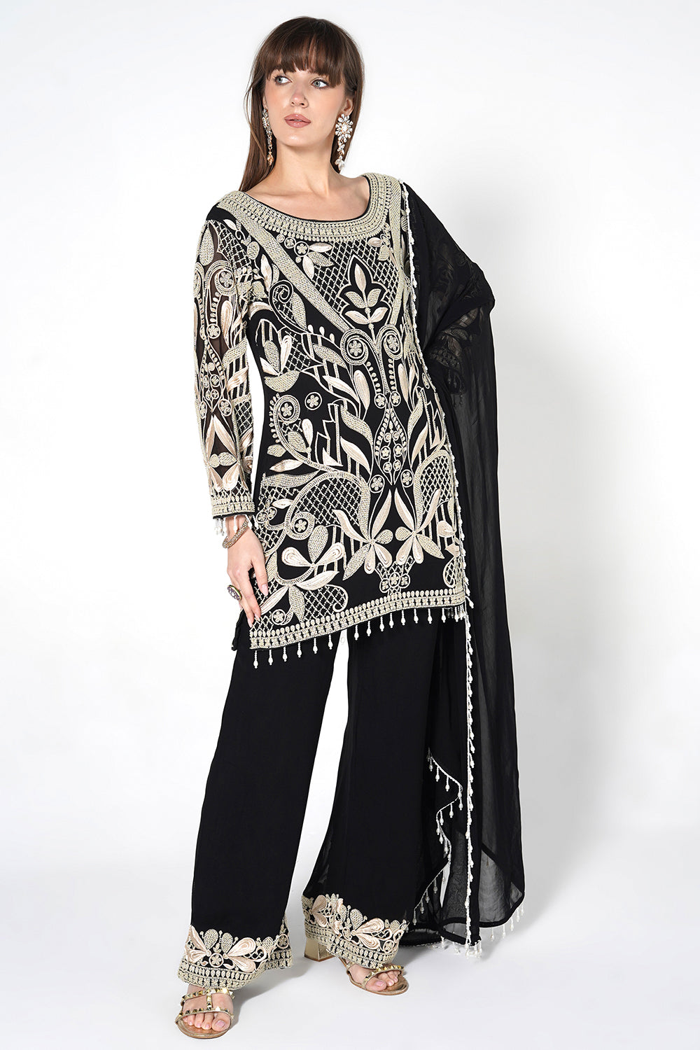Ornate Floral Black Kurta Set in Flowy Georgette | Festive Wear