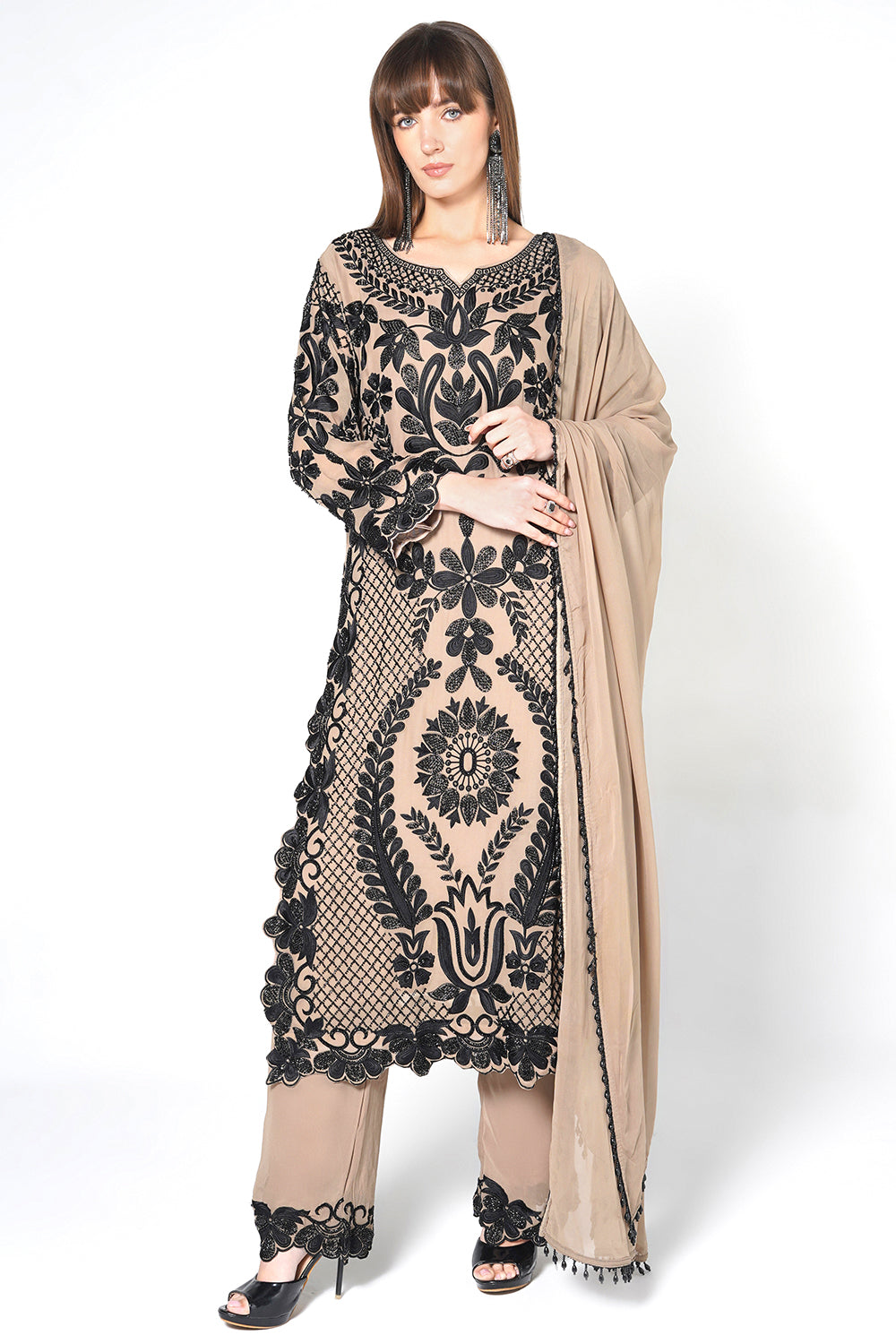 Peach Georgette Kurta Set with Intricate Black Embroidery