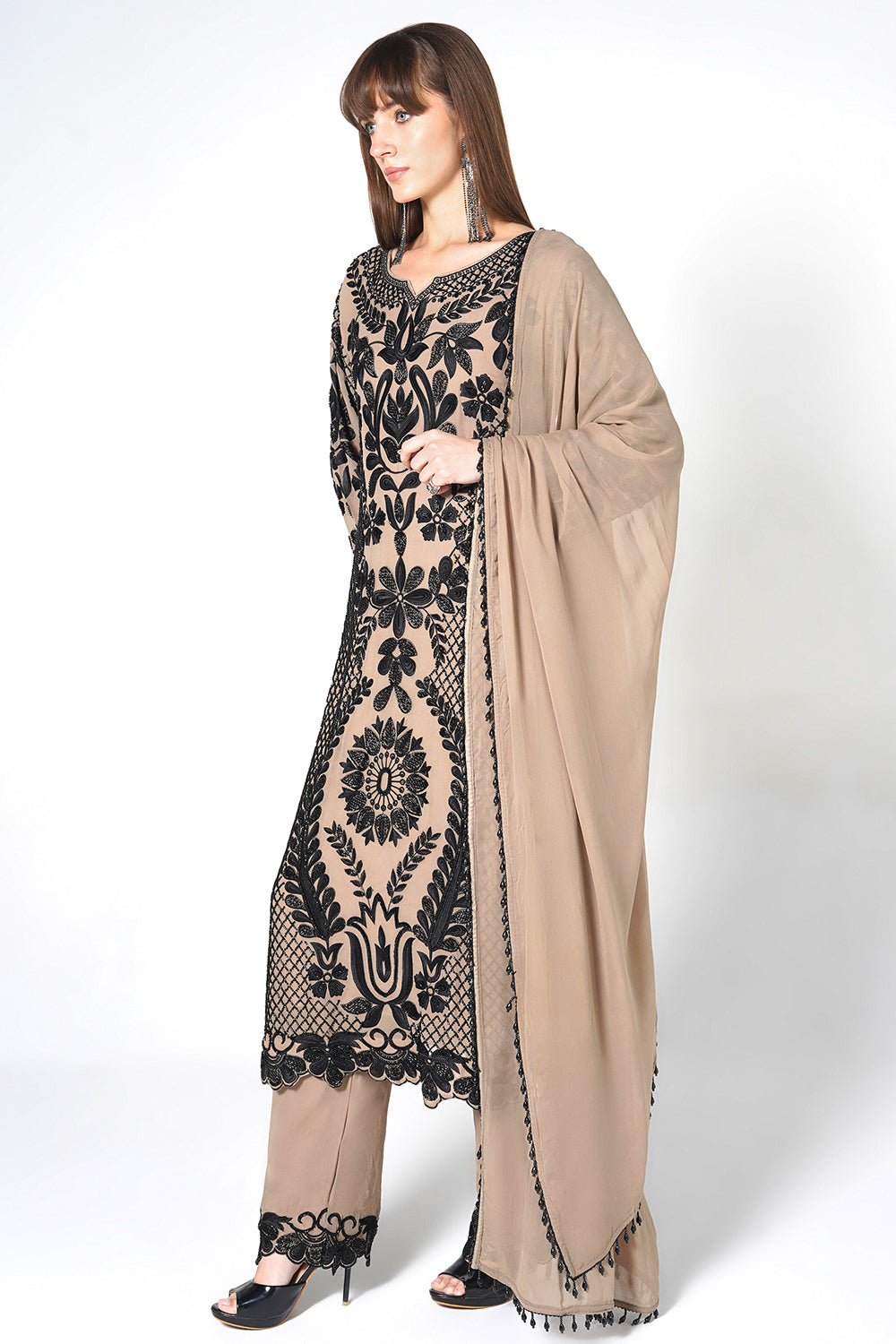 Peach Georgette Kurta Set with Intricate Black Embroidery