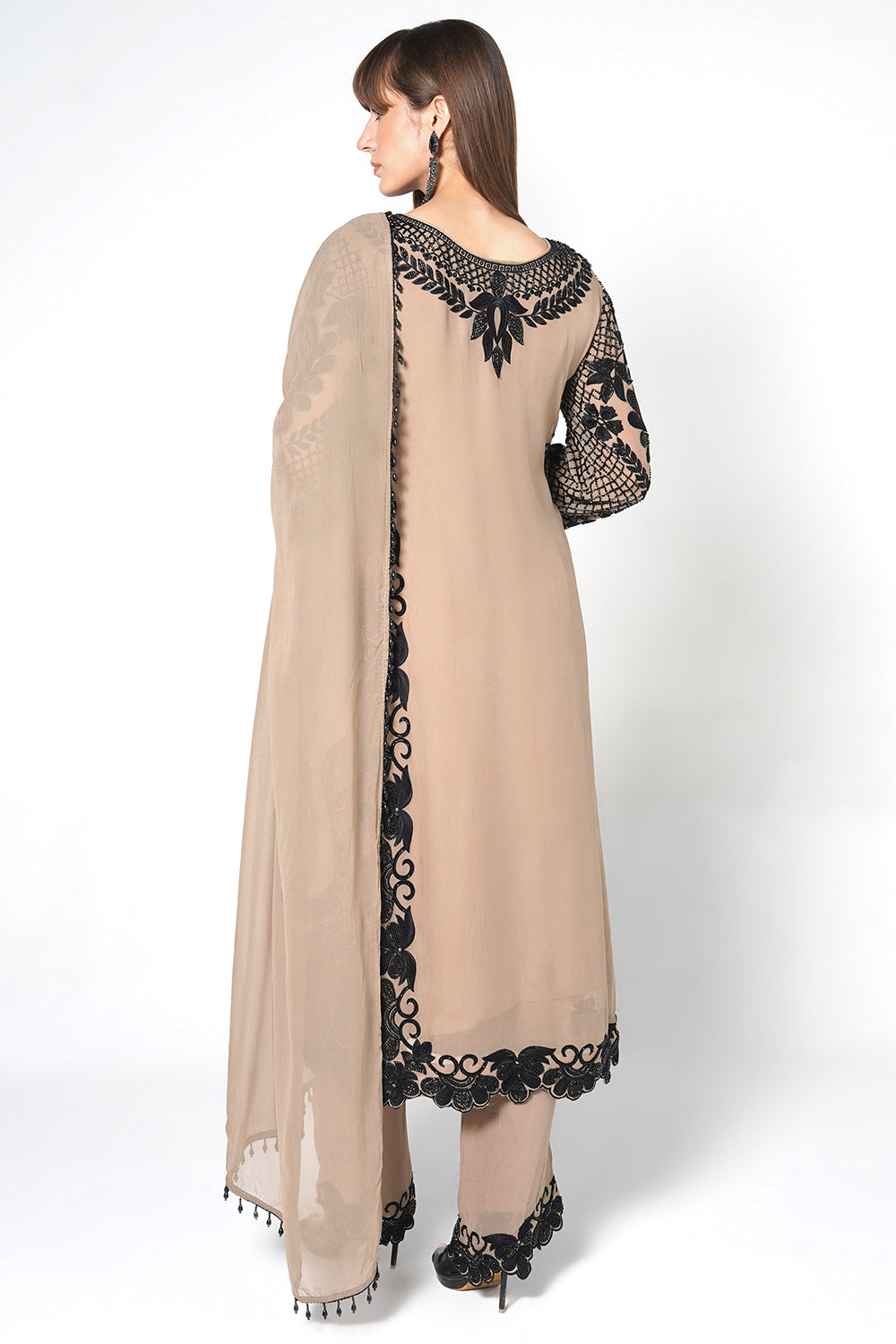 Peach Georgette Kurta Set with Intricate Black Embroidery