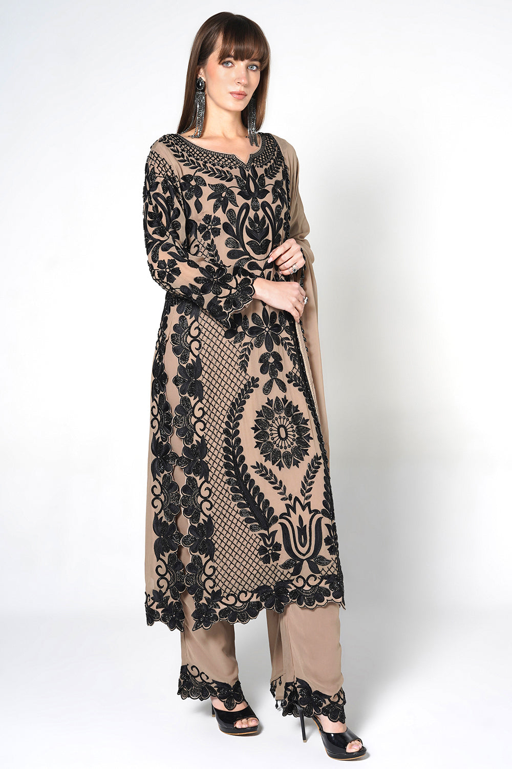 Peach Georgette Kurta Set with Intricate Black Embroidery