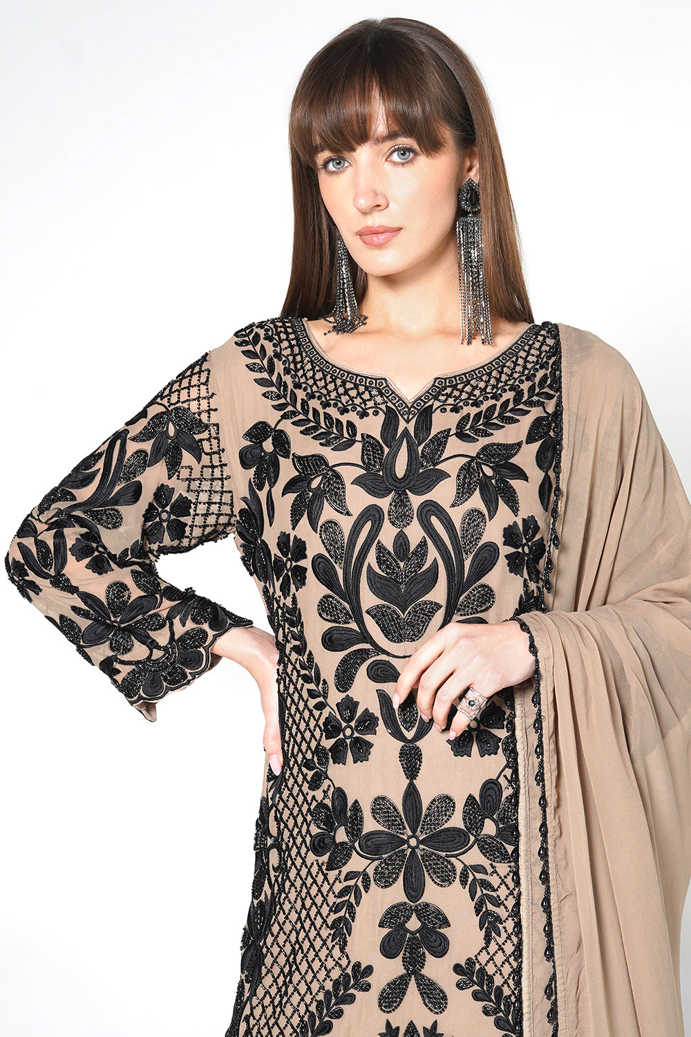Peach Georgette Kurta Set with Intricate Black Embroidery