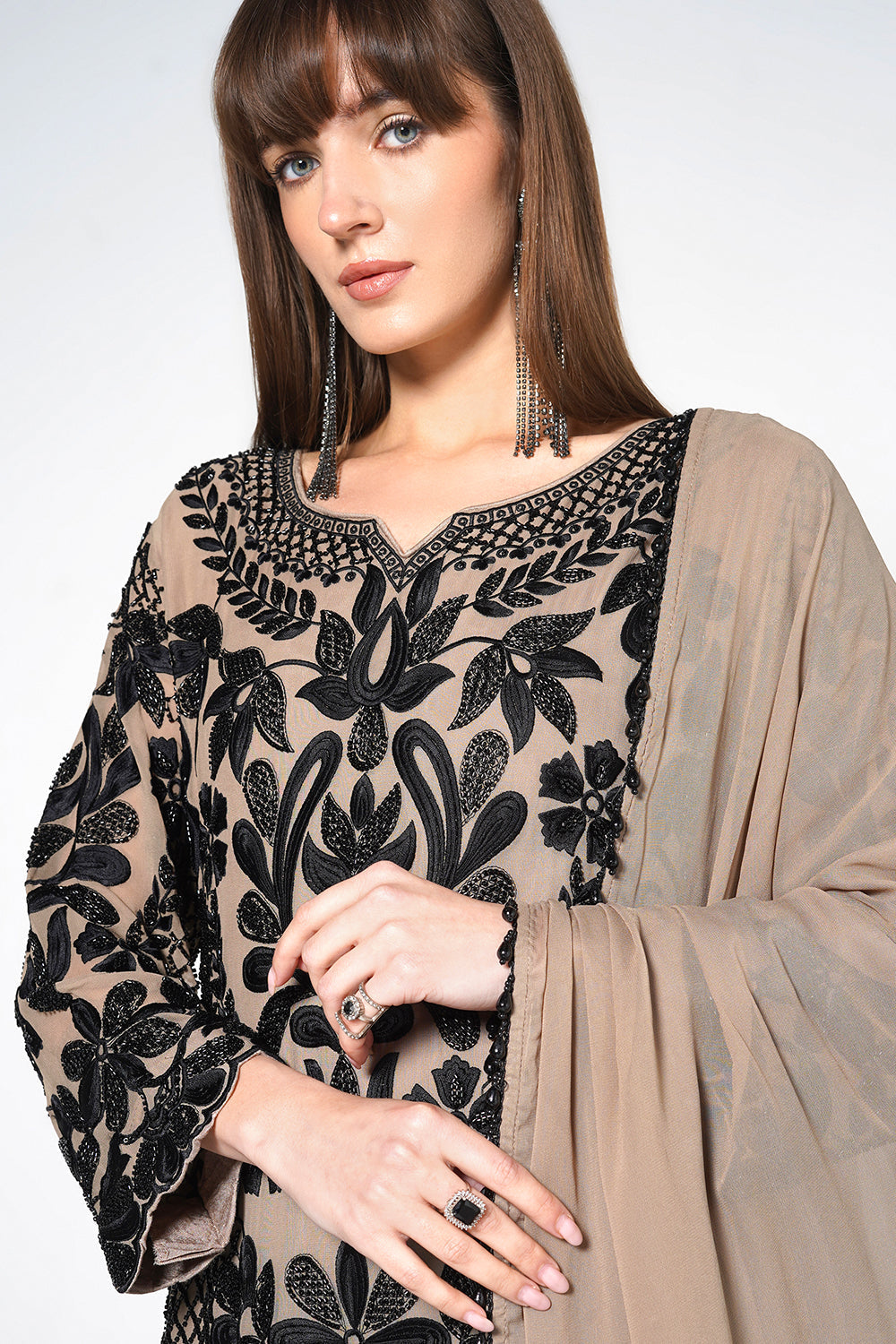 Peach Georgette Kurta Set with Intricate Black Embroidery