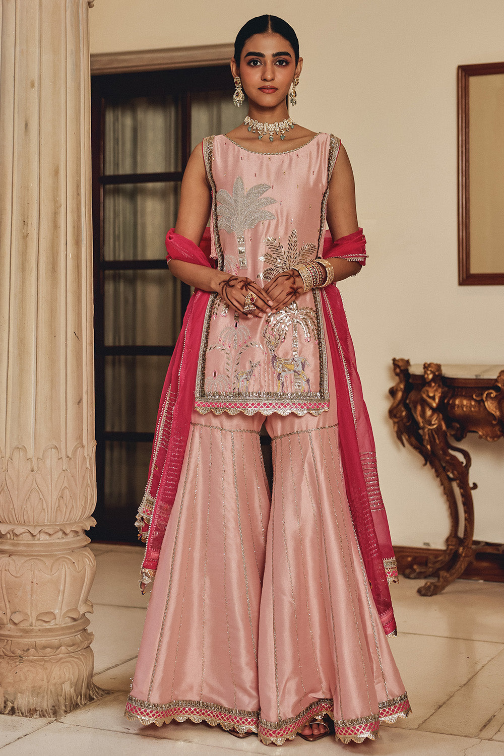 Peach Gulzaar Bali Silk Sharara Set with Structured Organza Dupatta