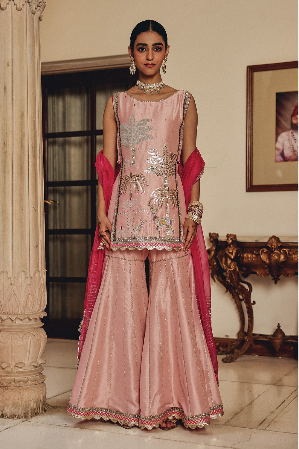 Peach Gulzaar Bali Silk Sharara Set with Structured Organza Dupatta