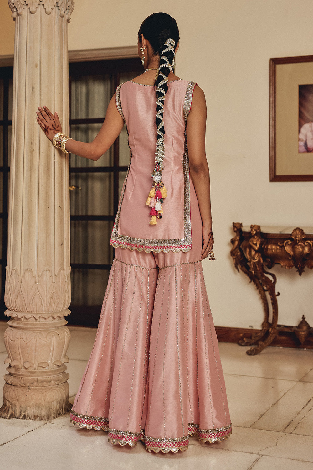 Peach Gulzaar Bali Silk Sharara Set with Structured Organza Dupatta