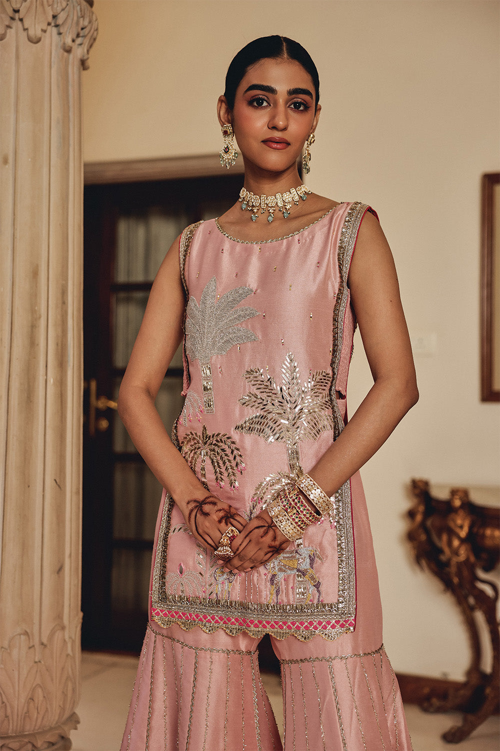 Peach Gulzaar Bali Silk Sharara Set with Structured Organza Dupatta