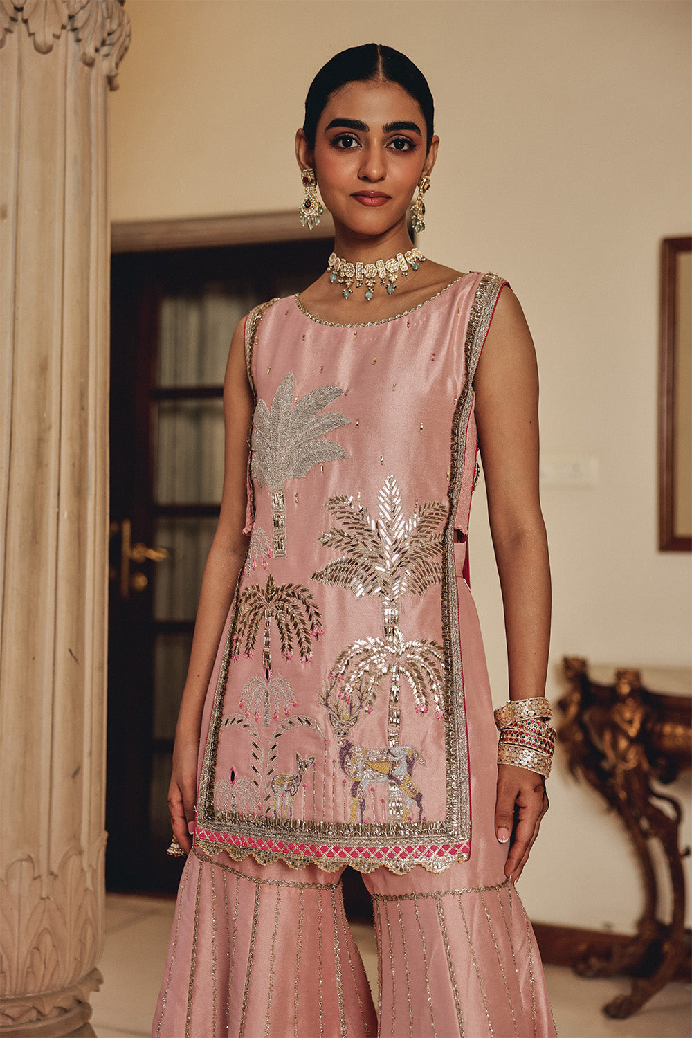 Peach Gulzaar Bali Silk Sharara Set with Structured Organza Dupatta