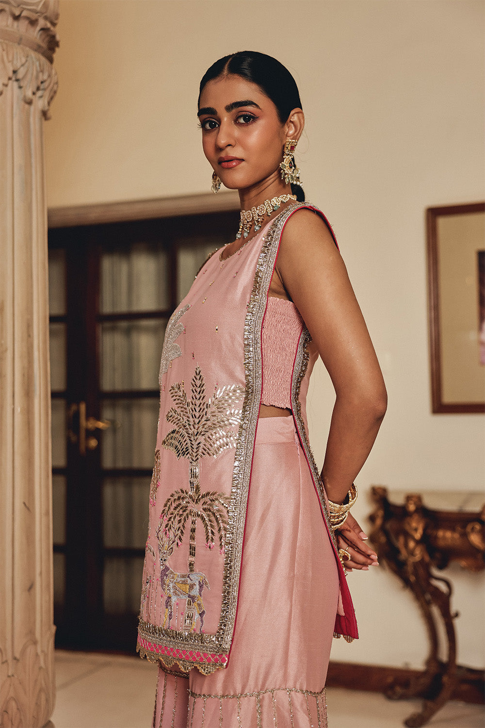Peach Gulzaar Bali Silk Sharara Set with Structured Organza Dupatta
