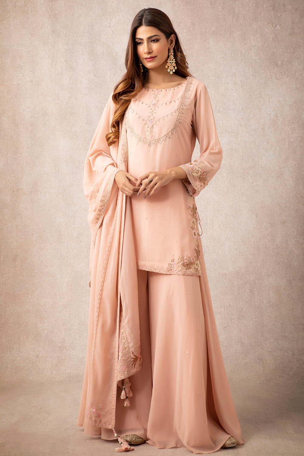 Peach Short Kurta Sharara Set - ajieshoberoi