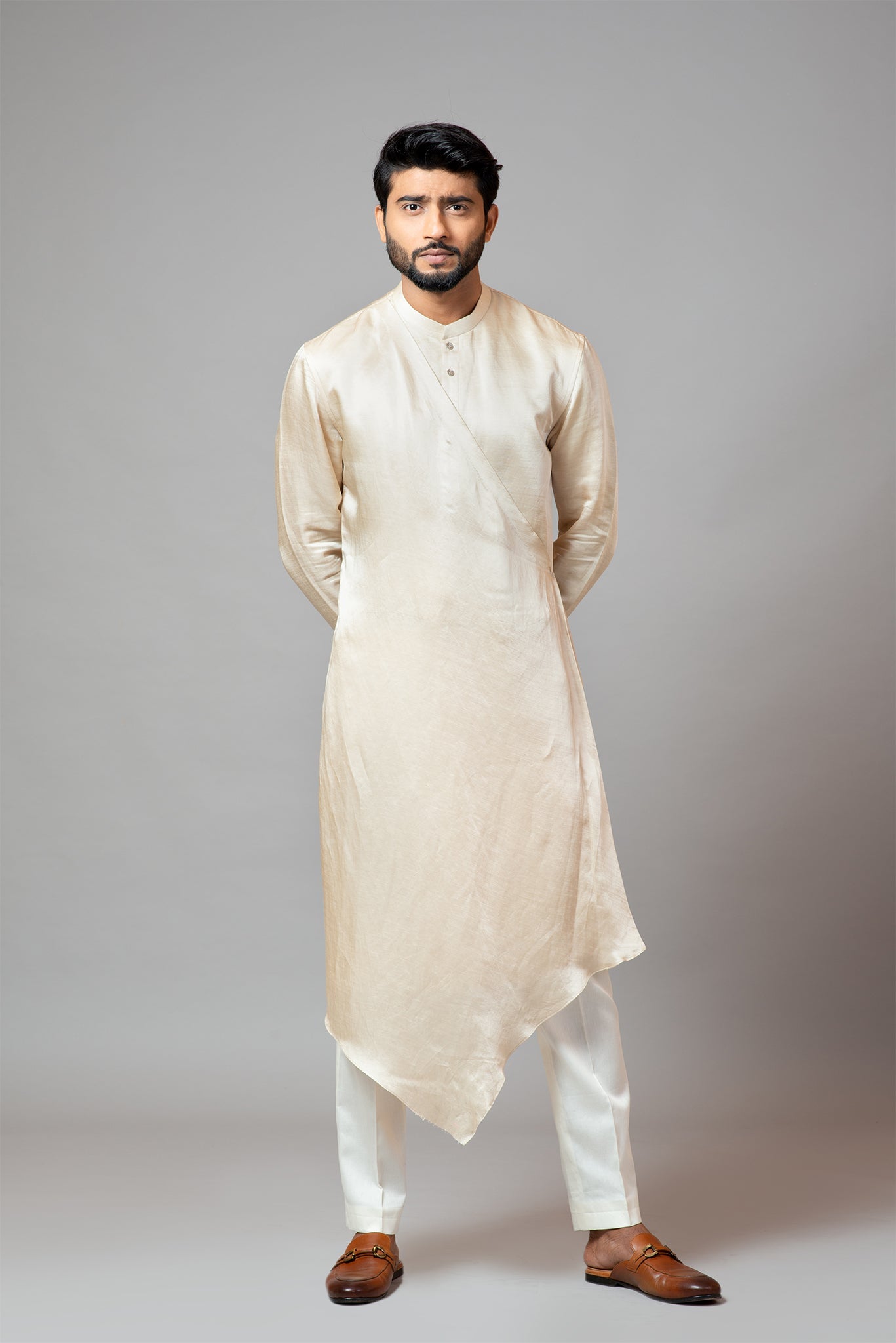 Champagne Drape Kurta With Minimal Embroidery on Sleeves Set