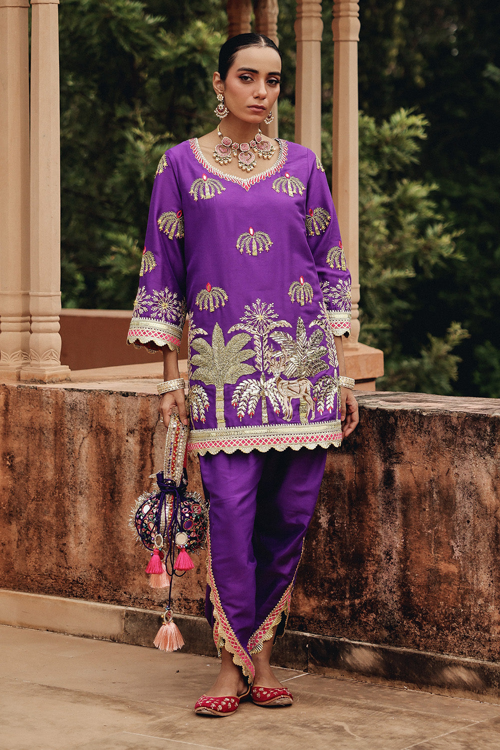 Purple Silk Blend Dhoti Set with Structured Organza Dupatta