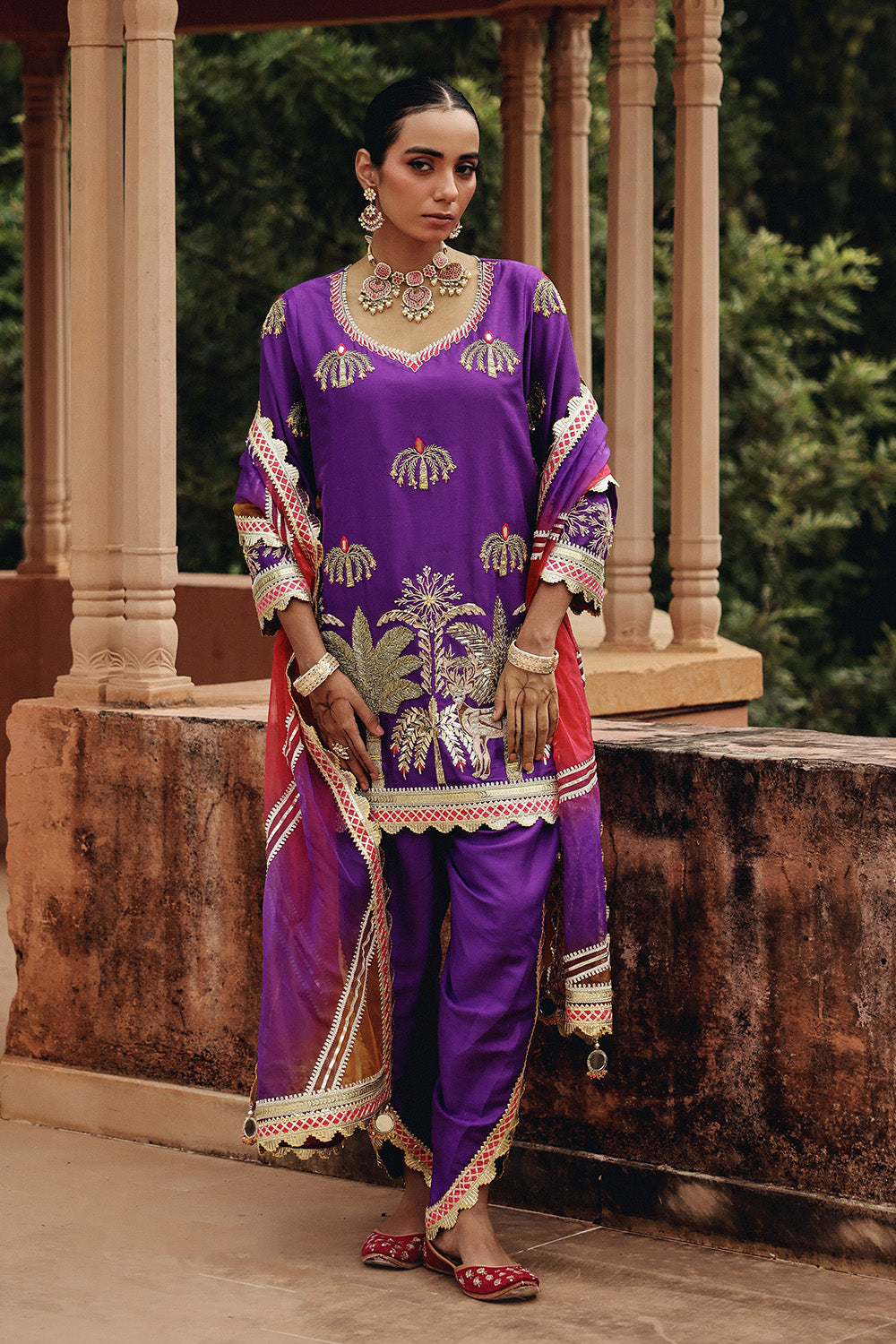 Purple Mehfil Dhoti Set with Golden Threadwork & Organza Dupatta