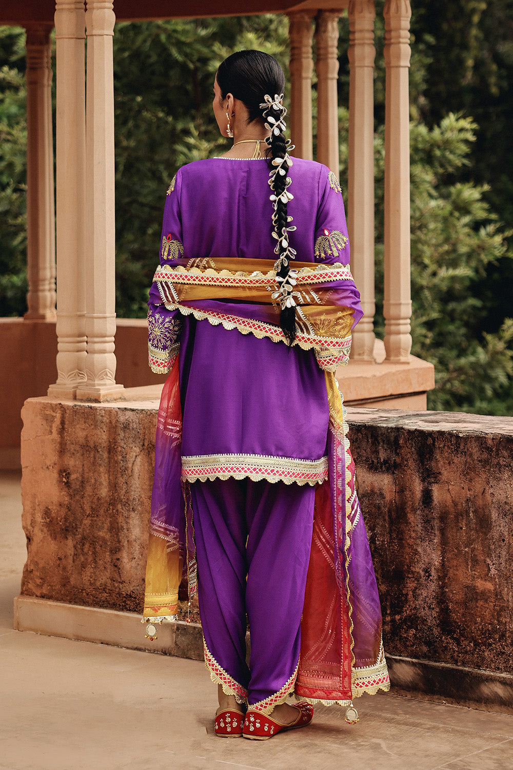 Purple Silk Blend Dhoti Set with Structured Organza Dupatta