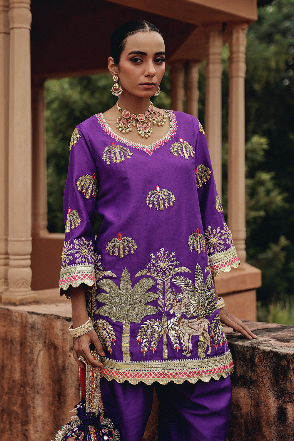 Purple Silk Blend Dhoti Set with Structured Organza Dupatta
