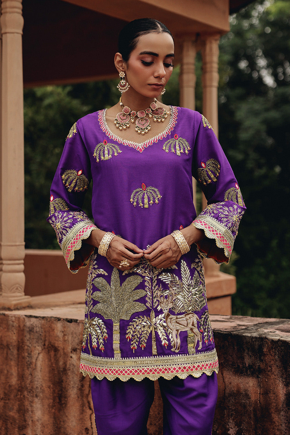 Purple Mehfil Dhoti Set with Golden Threadwork & Organza Dupatta
