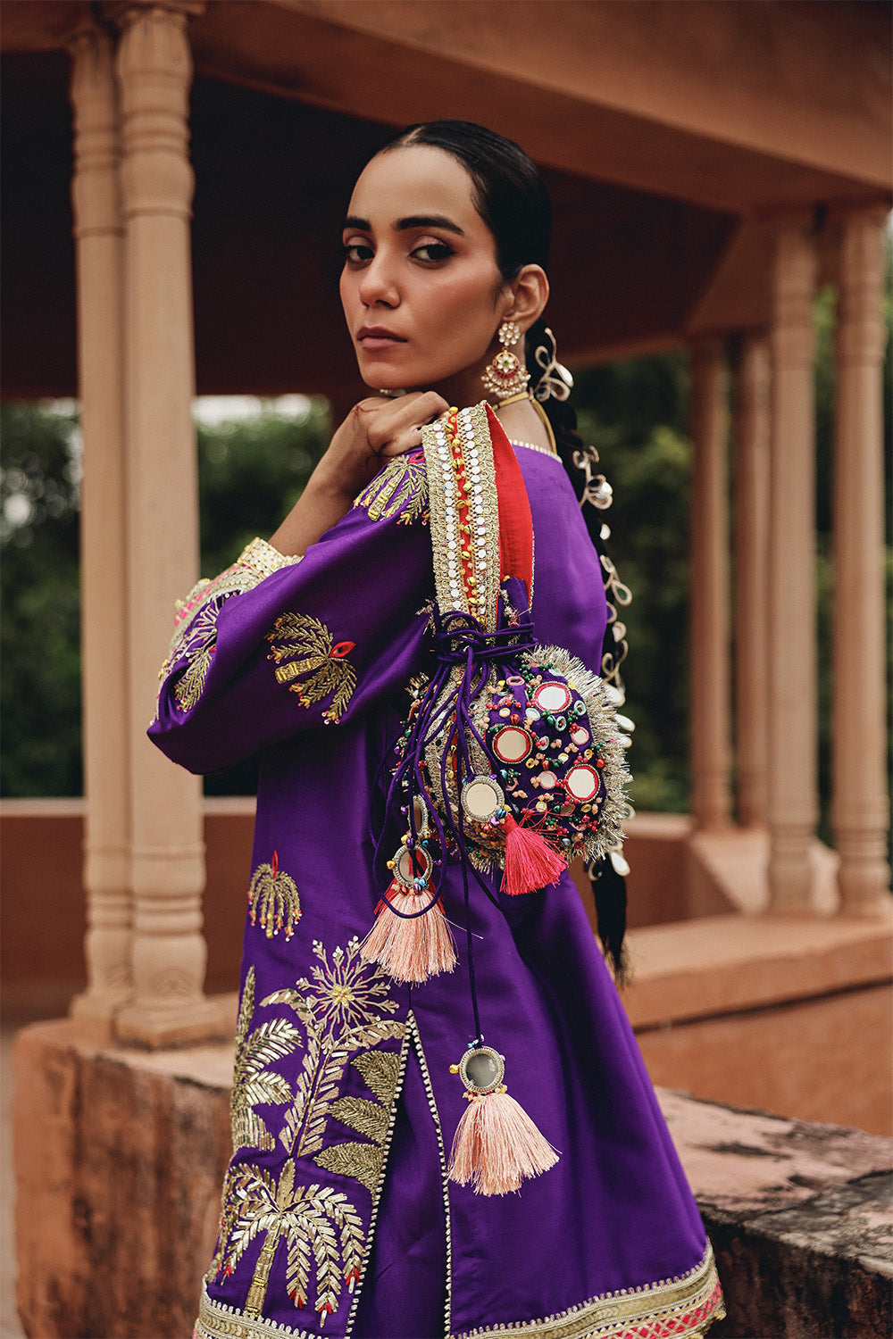 Purple Mehfil Dhoti Set with Golden Threadwork & Organza Dupatta