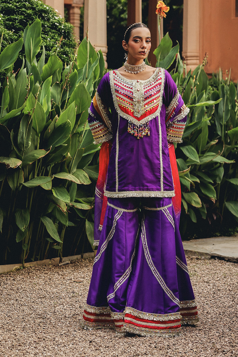 Elegant Purple Phulkari Phool Sharara Set in Silk Blend
