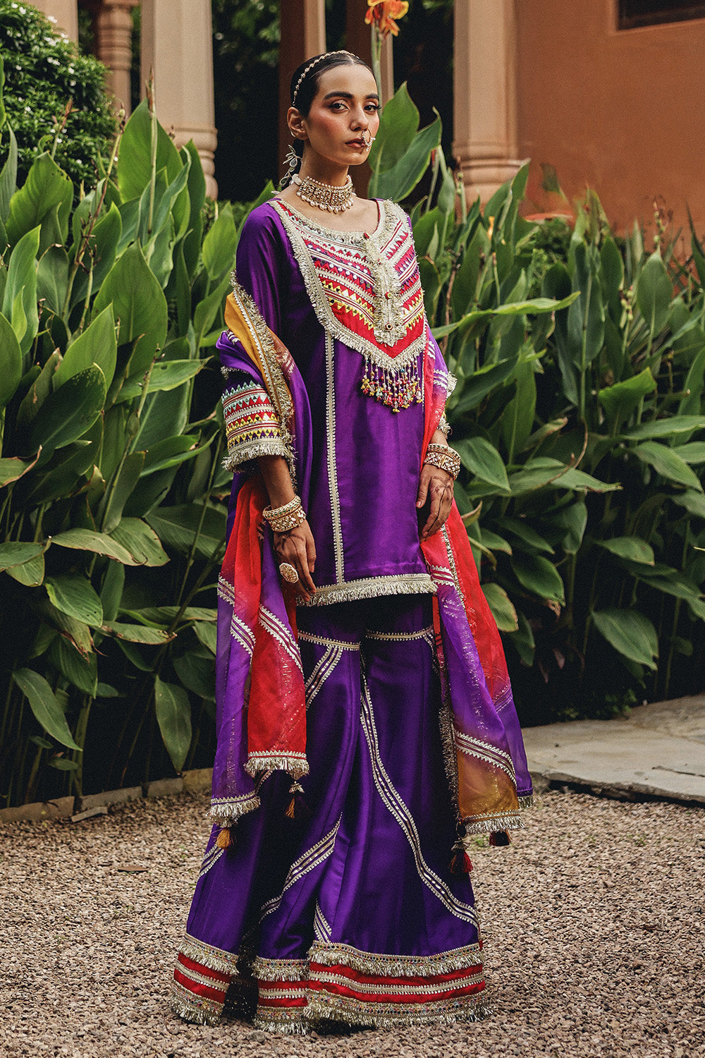 Elegant Purple Phulkari Phool Sharara Set in Silk Blend