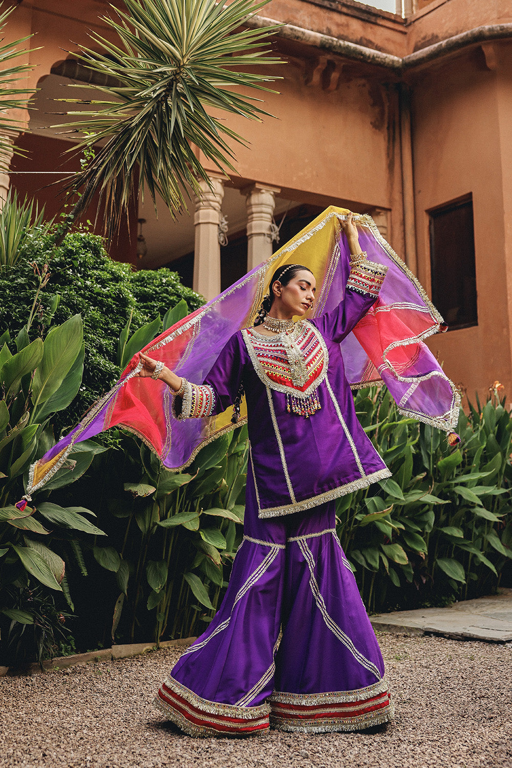 Elegant Purple Phulkari Phool Sharara Set in Silk Blend