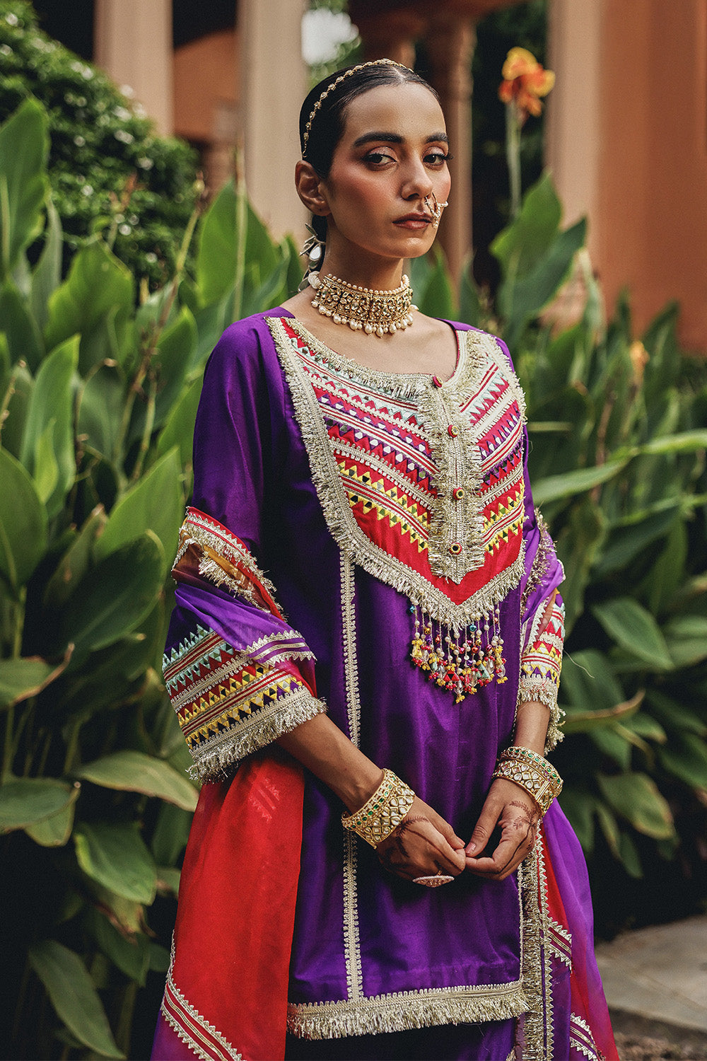 Elegant Purple Phulkari Phool Sharara Set in Silk Blend