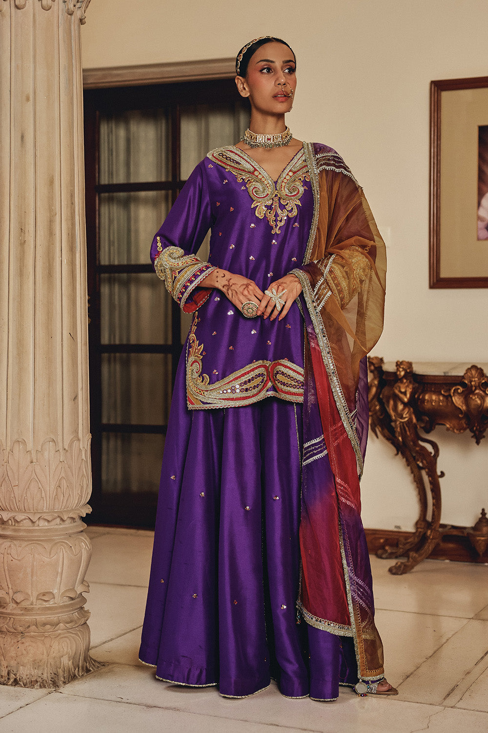 Purple Raatrani Silk Blend Sharara Set with Organza Dupatta
