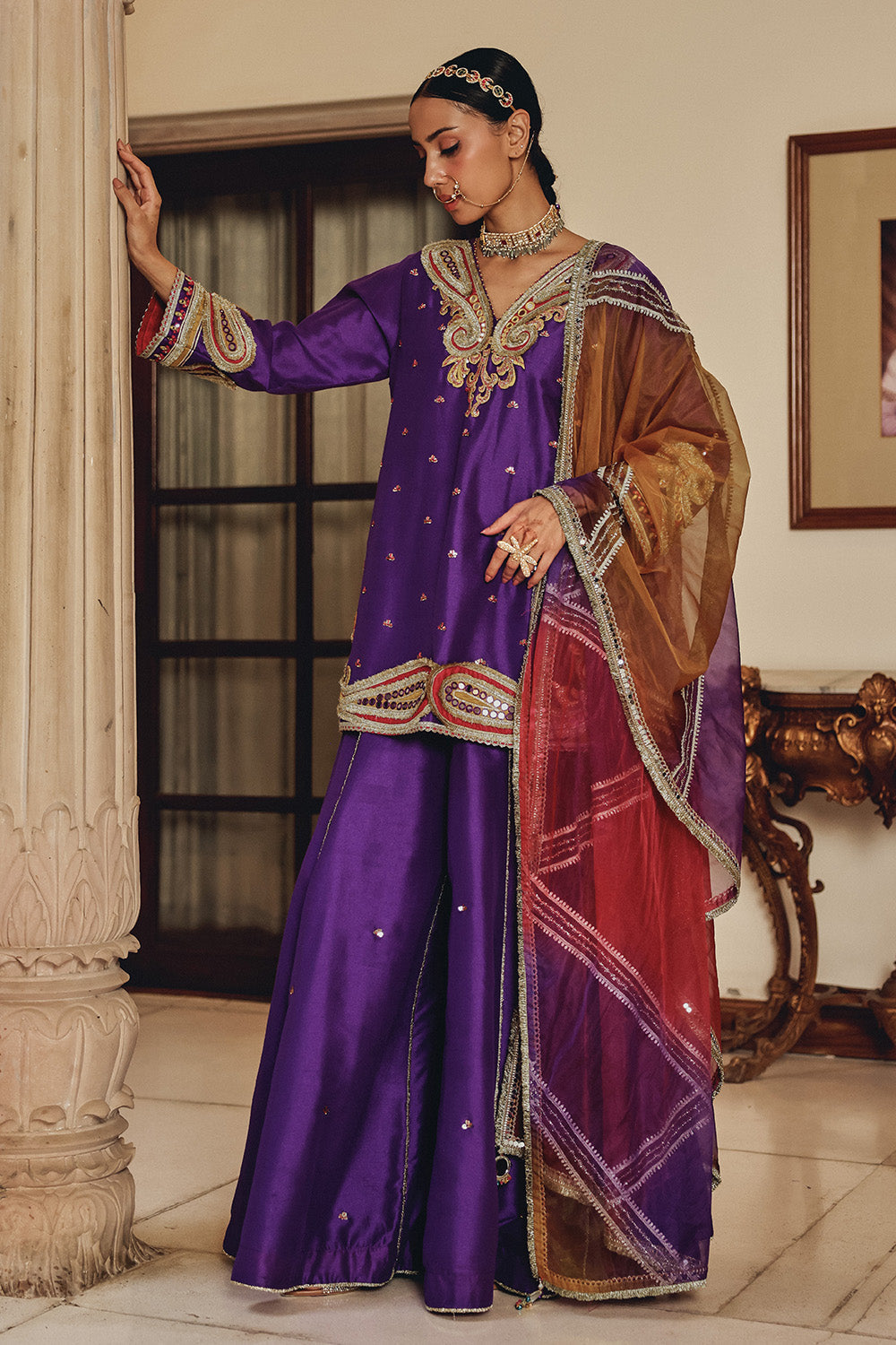 Purple Raatrani Silk Blend Sharara Set with Organza Dupatta