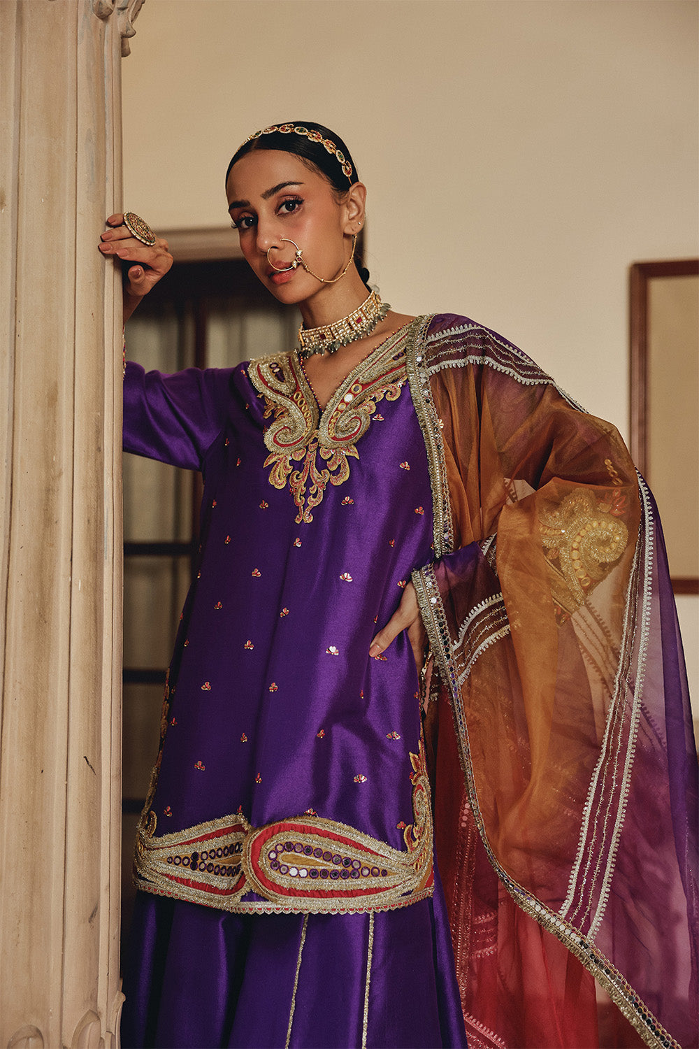 Purple Raatrani Silk Blend Sharara Set with Organza Dupatta